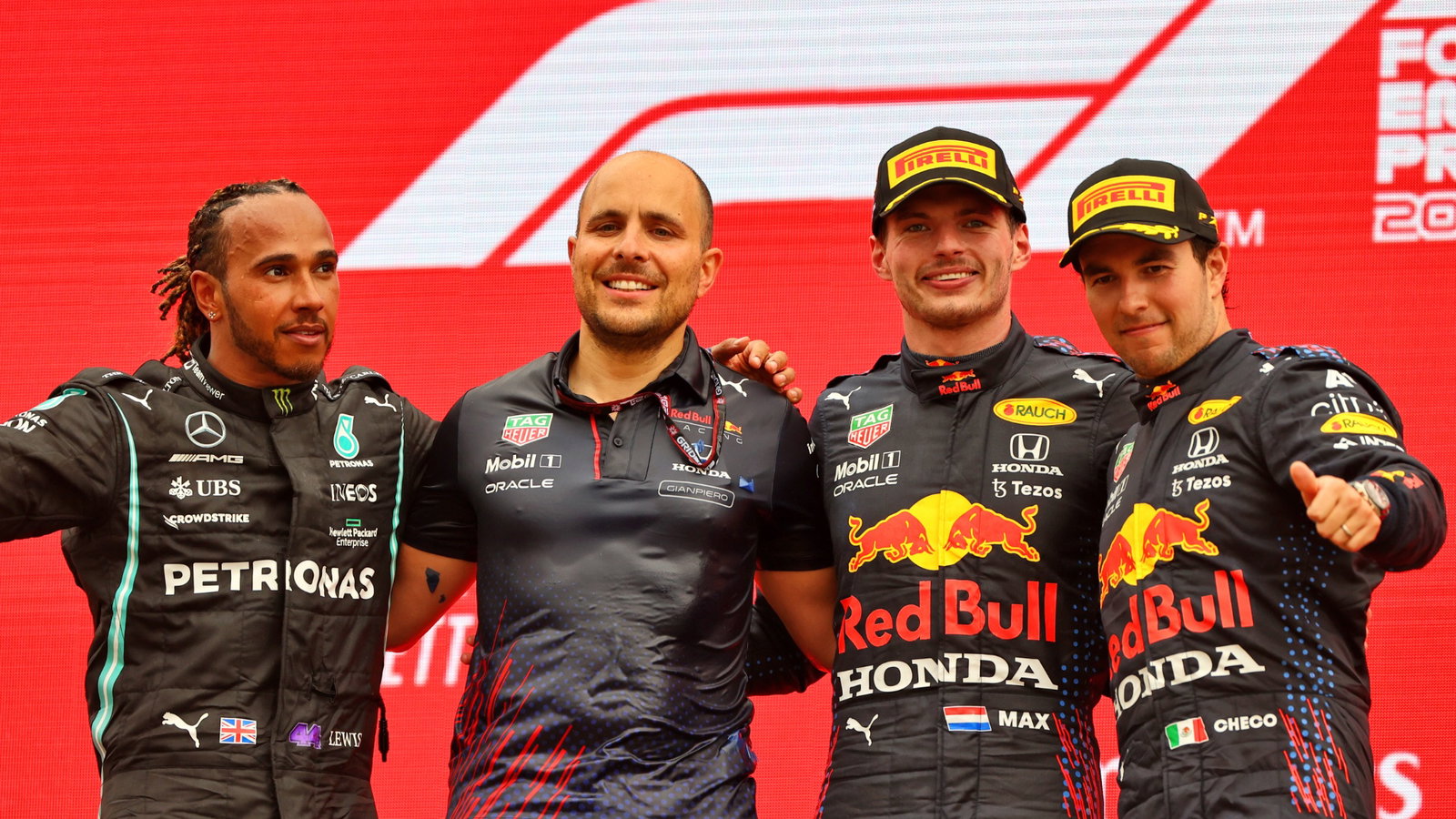 The podium (L to R): Lewis Hamilton (GBR) Mercedes AMG F1, second; Gianpiero Lambiase (ITA) Red Bull Racing Engineer; Max Verstappen (NLD) Red Bull Racing, race winner; Sergio Perez (MEX) Red Bull Racing, third.