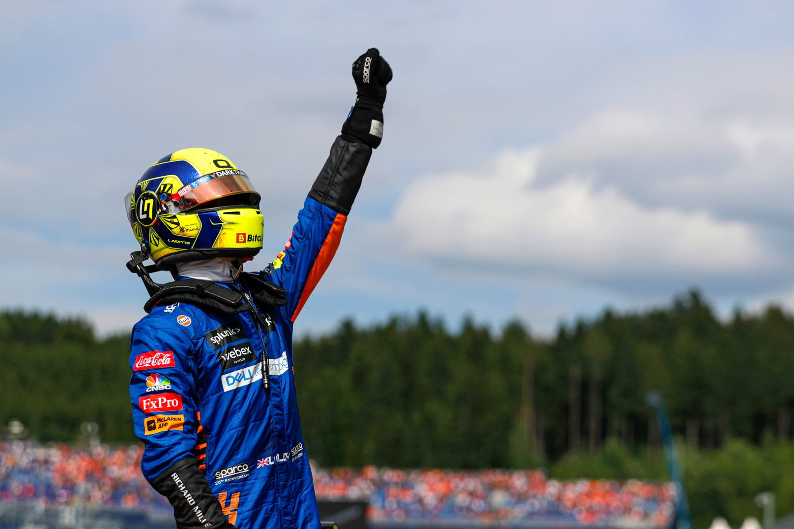 Lando Norris (GBR) McLaren celebrates his third position in parc ferme.