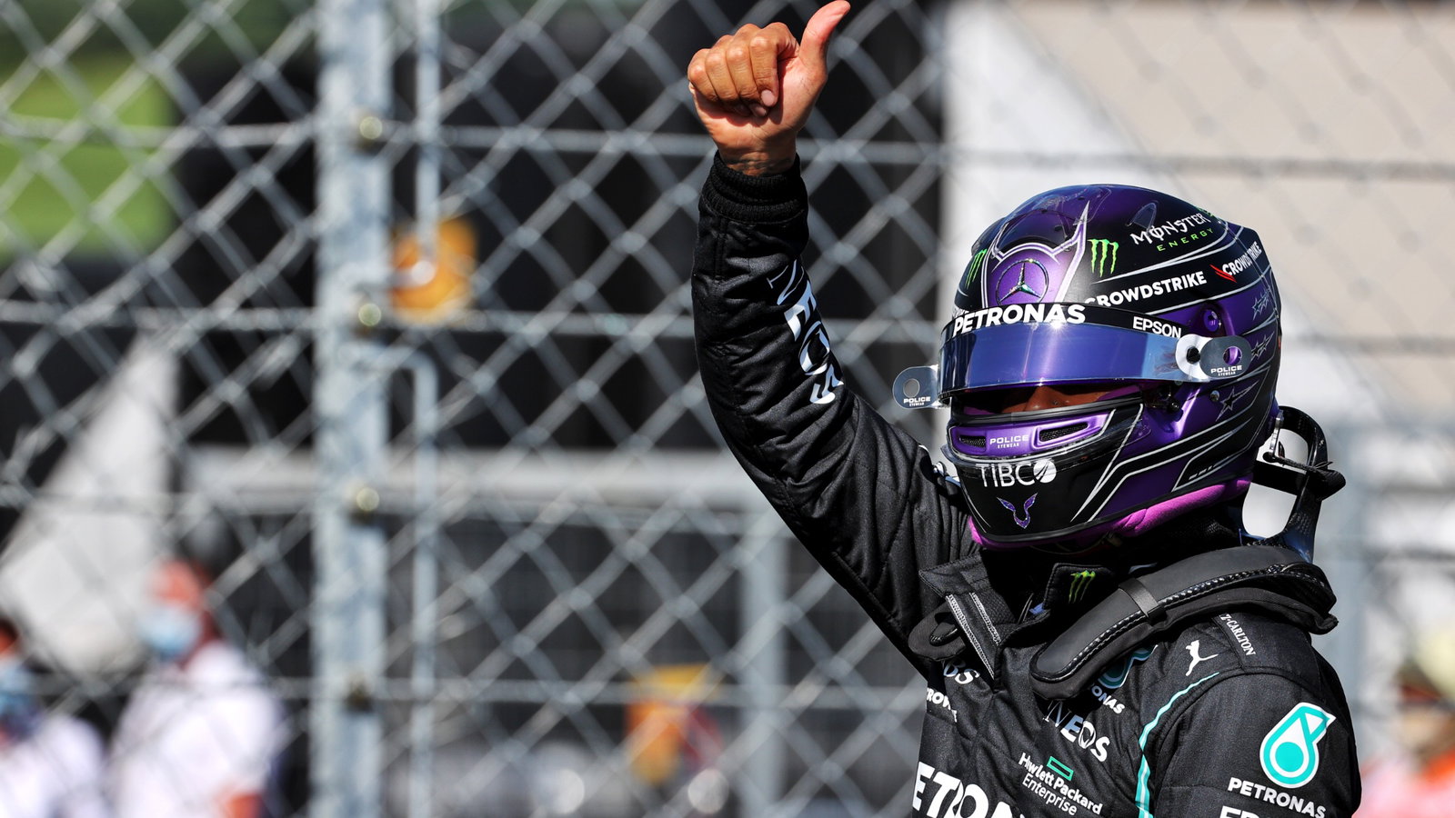Lewis Hamilton (GBR) Mercedes AMG F1 celebrates his pole position in qualifying parc ferme.