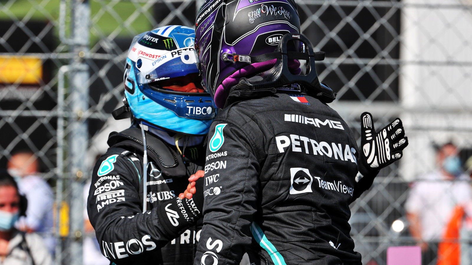 Lewis Hamilton (GBR) Mercedes AMG F1 celebrates his pole position in qualifying parc ferme with second placed team mate Valtteri Bottas (FIN) Mercedes AMG F1.
