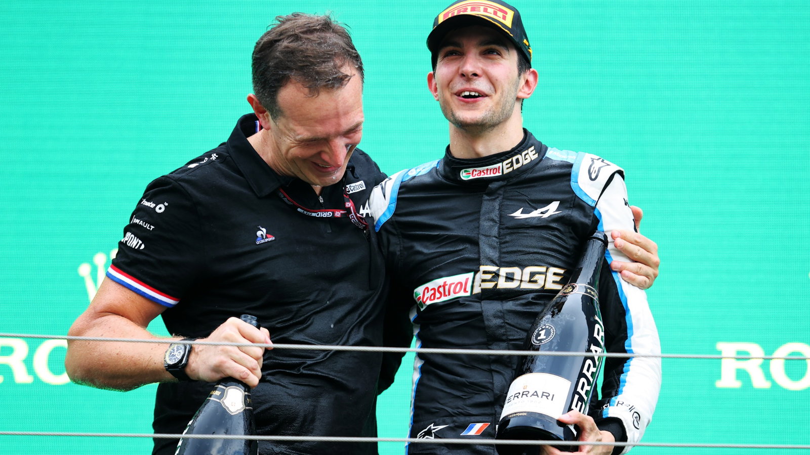 Race winner Esteban Ocon (FRA) Alpine F1 Team celebrates on the podium with Laurent Rossi (FRA) Alpine Chief Executive Officer.