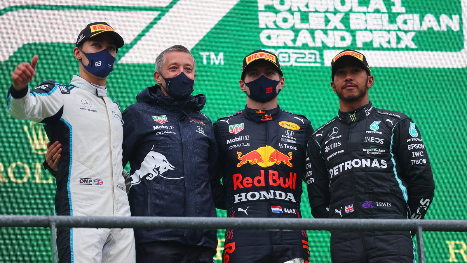 1st place Max Verstappen (NLD) Red Bull Racing RB16B, 2nd place George Russell (GBR) Williams Racing FW43B and 3rd place Lewis Hamilton (GBR) Mercedes AMG F1 W12.