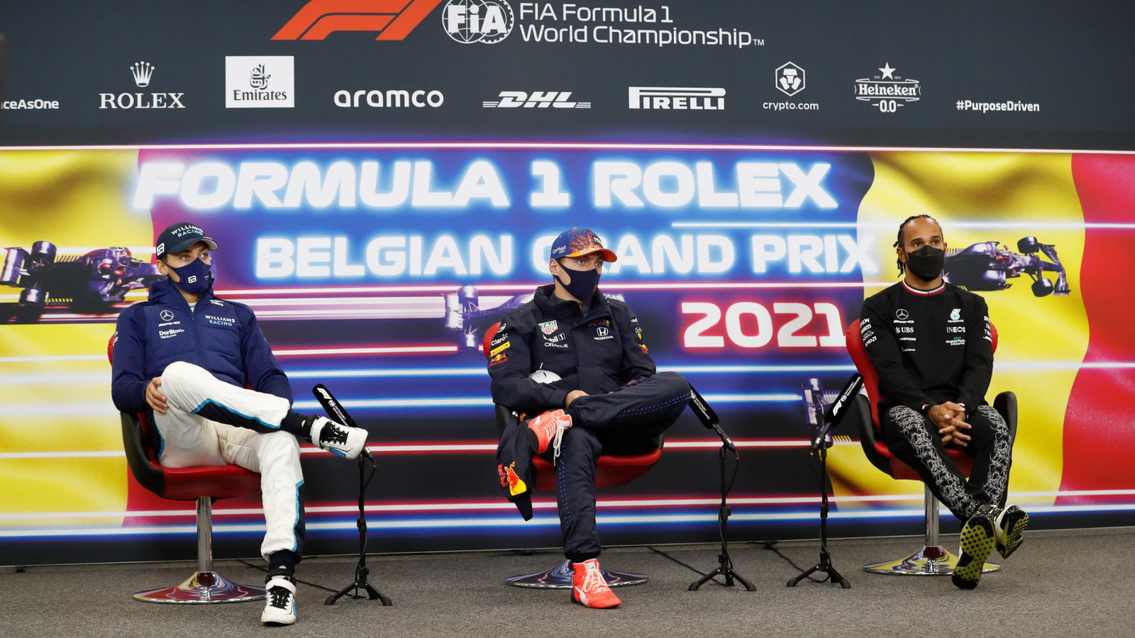 (L to R): George Russell (GBR) Williams Racing; Max Verstappen (NLD) Red Bull Racing; and Lewis Hamilton (GBR) Mercedes AMG F1 in the post race FIA Press Conference.