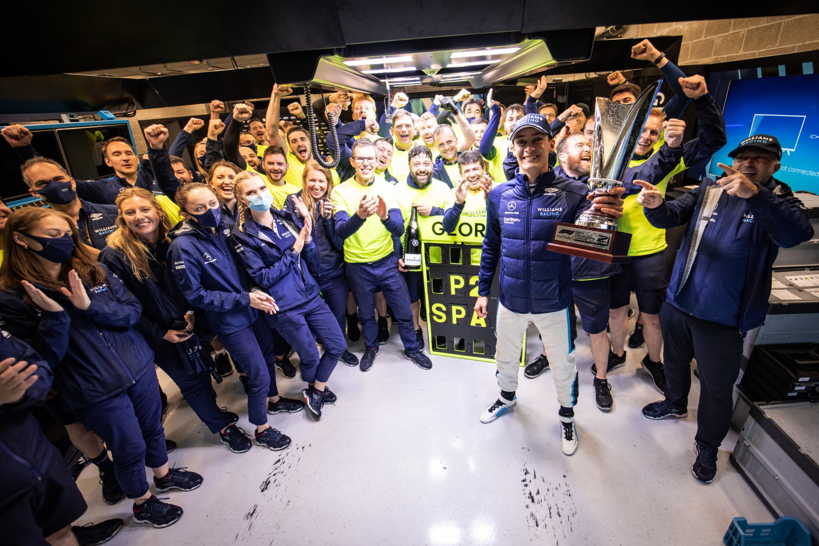 George Russell (GBR) Williams Racing celebrates his second position with the team.