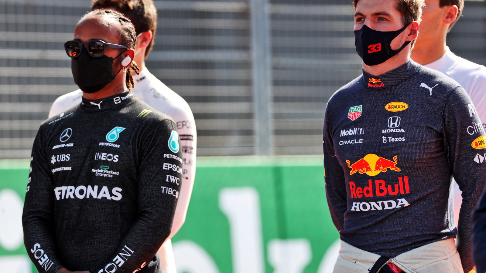 (L to R): Lewis Hamilton (GBR) Mercedes AMG F1 with Max Verstappen (NLD) Red Bull Racing on the grid.