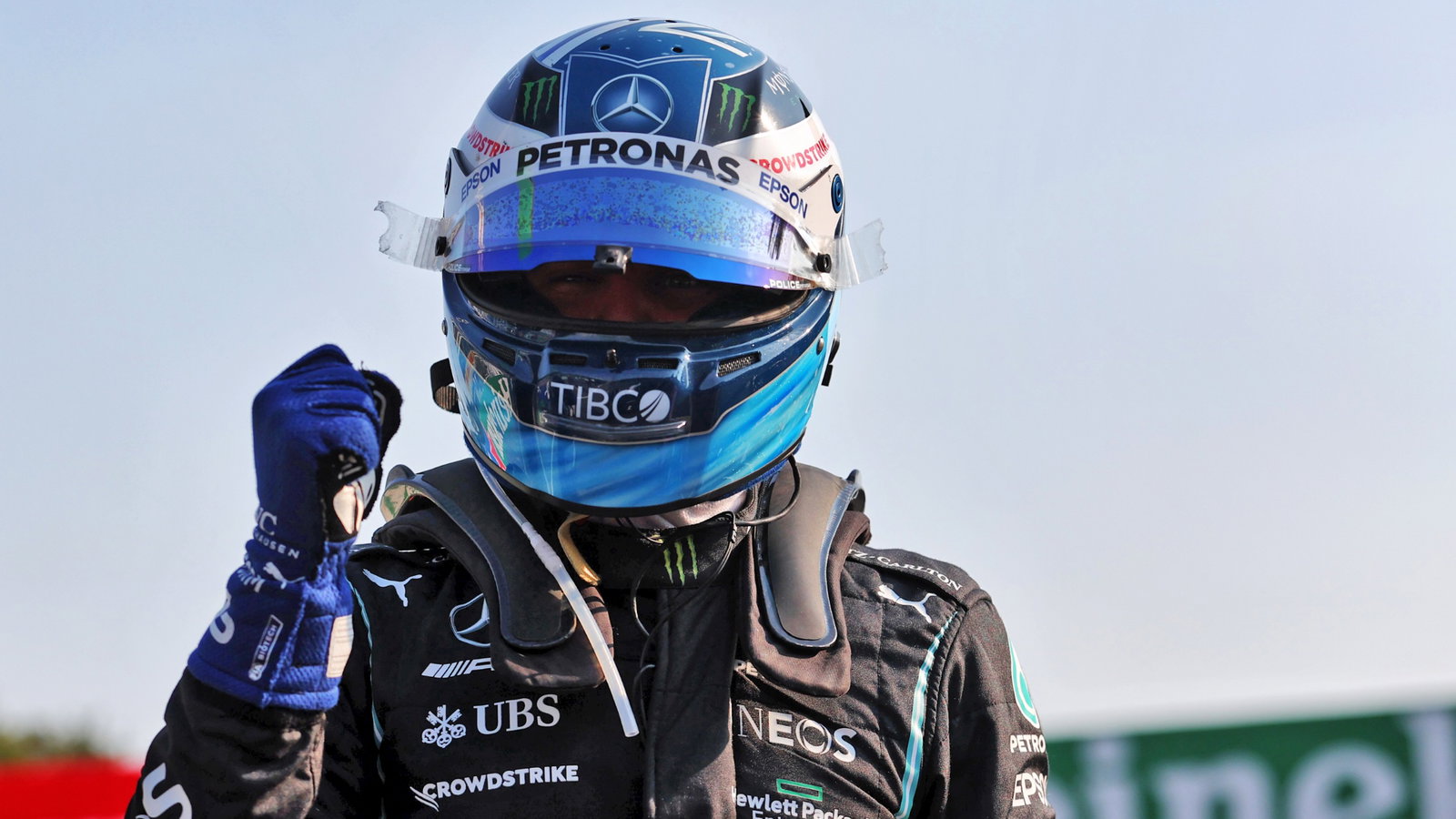 Valtteri Bottas (FIN) Mercedes AMG F1 celebrates finishing first in Sprint.