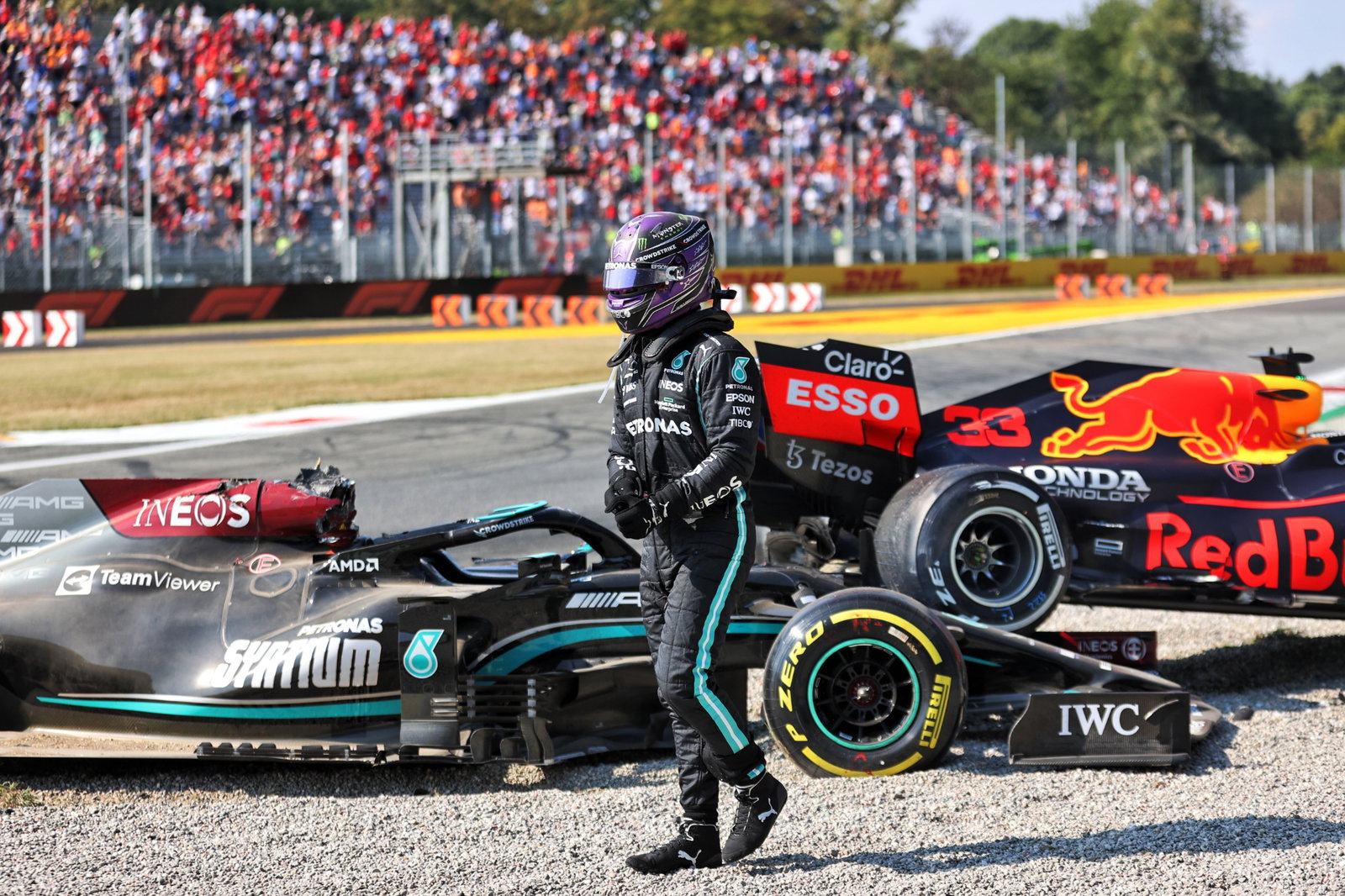 Lewis Hamilton (GBR) Mercedes AMG F1 W12 after he crashed with Max Verstappen (NLD) Red Bull Racing at the first chicane.