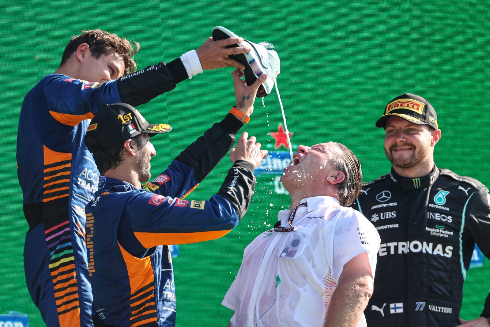 Zak Brown (USA), McLaren F1 Team Executive Director, Daniel Ricciardo (AUS), McLaren F1 Team, Lando Norris (GBR), McLaren F1 Team and Valtteri Bottas (FIN), Mercedes AMG F1 