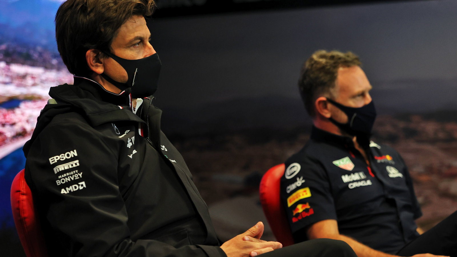 (L to R): Toto Wolff (GER) Mercedes AMG F1 Shareholder and Executive Director and Christian Horner (GBR) Red Bull Racing Team Principal in the FIA Press Conference.