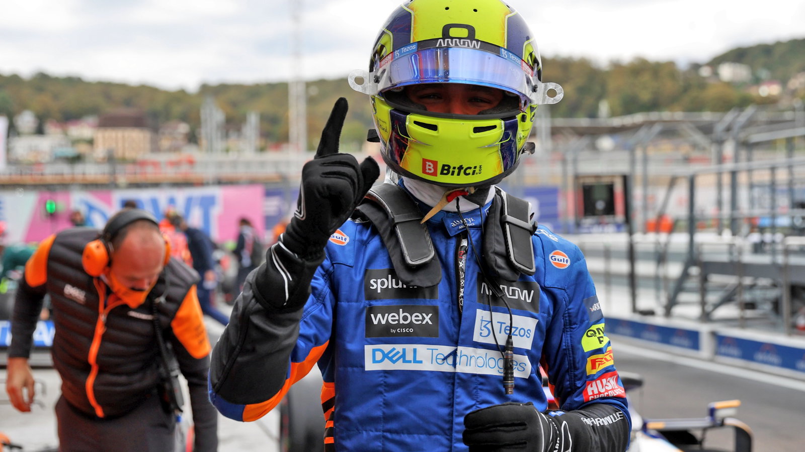 Lando Norris (GBR) McLaren celebrates his pole position in qualifying parc ferme.