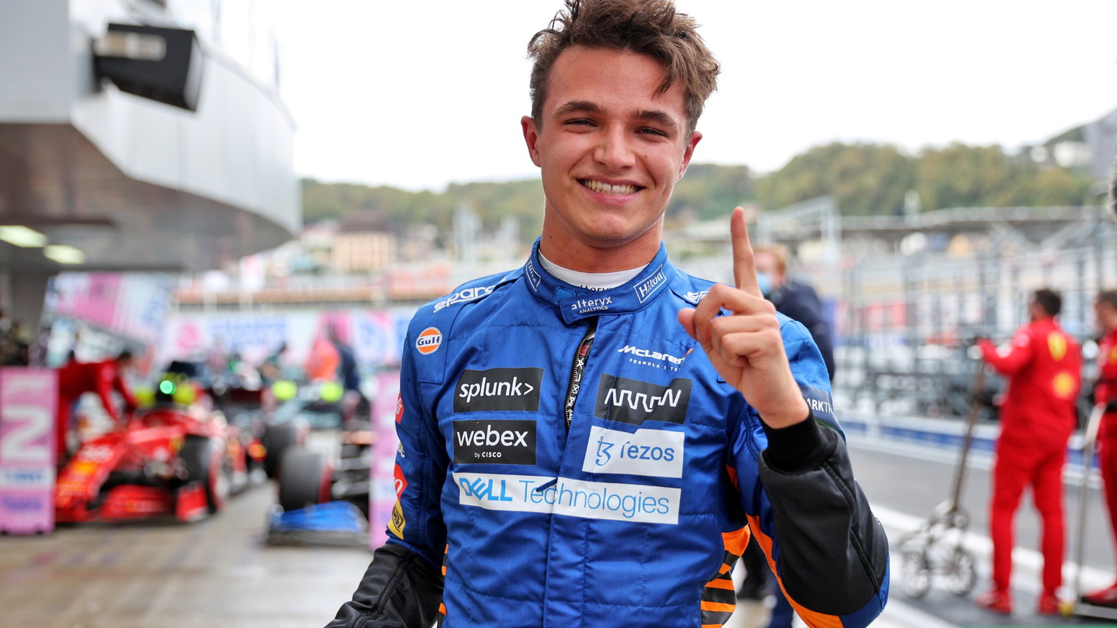 Lando Norris (GBR) McLaren celebrates his pole position in qualifying parc ferme.