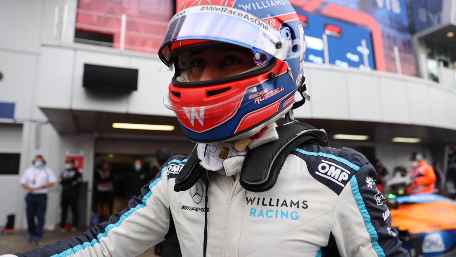 George Russell (GBR) Williams Racing FW43B celebrates 3rd position in qualifying parc ferme.