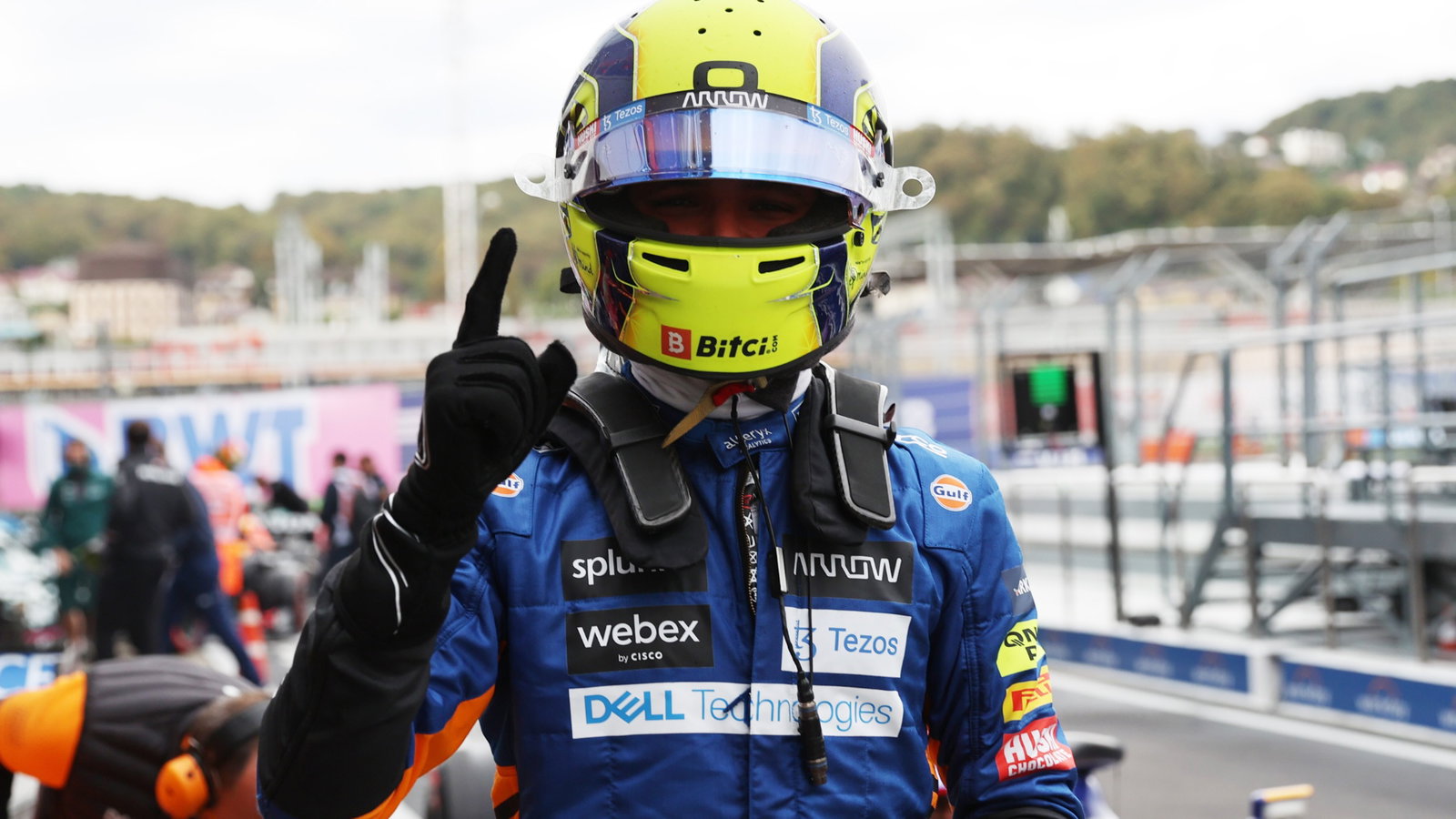 Lando Norris (GBR) McLaren celebrates his pole position in qualifying parc ferme.