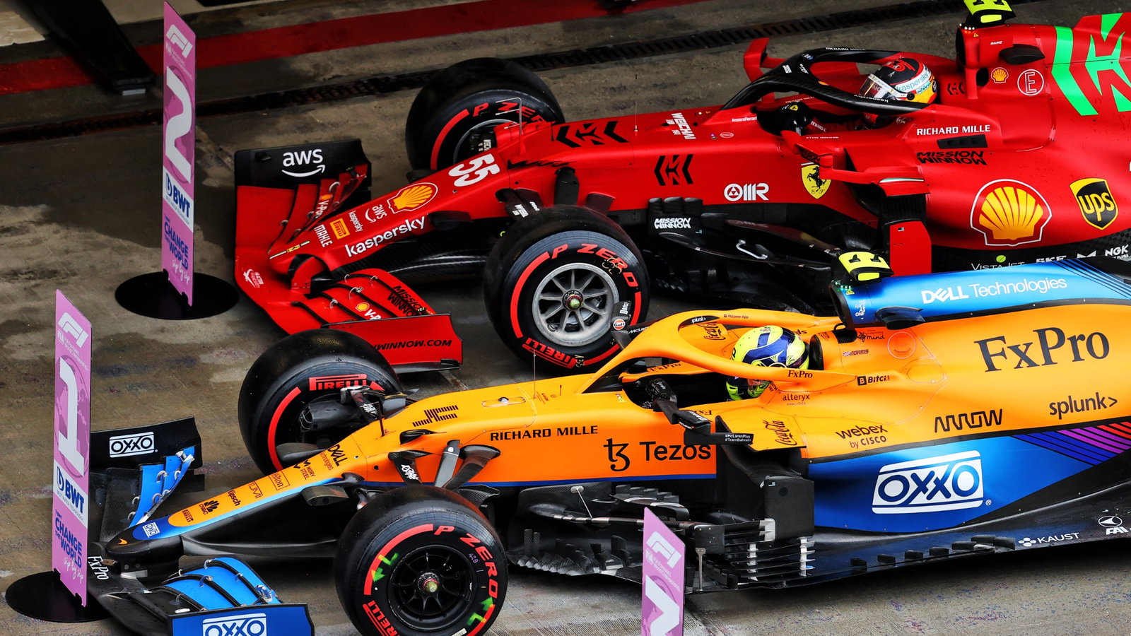 Pole sitter Lando Norris (GBR) McLaren MCL35M and second placed Carlos Sainz Jr (ESP) Ferrari SF-21 in qualifying parc ferme.