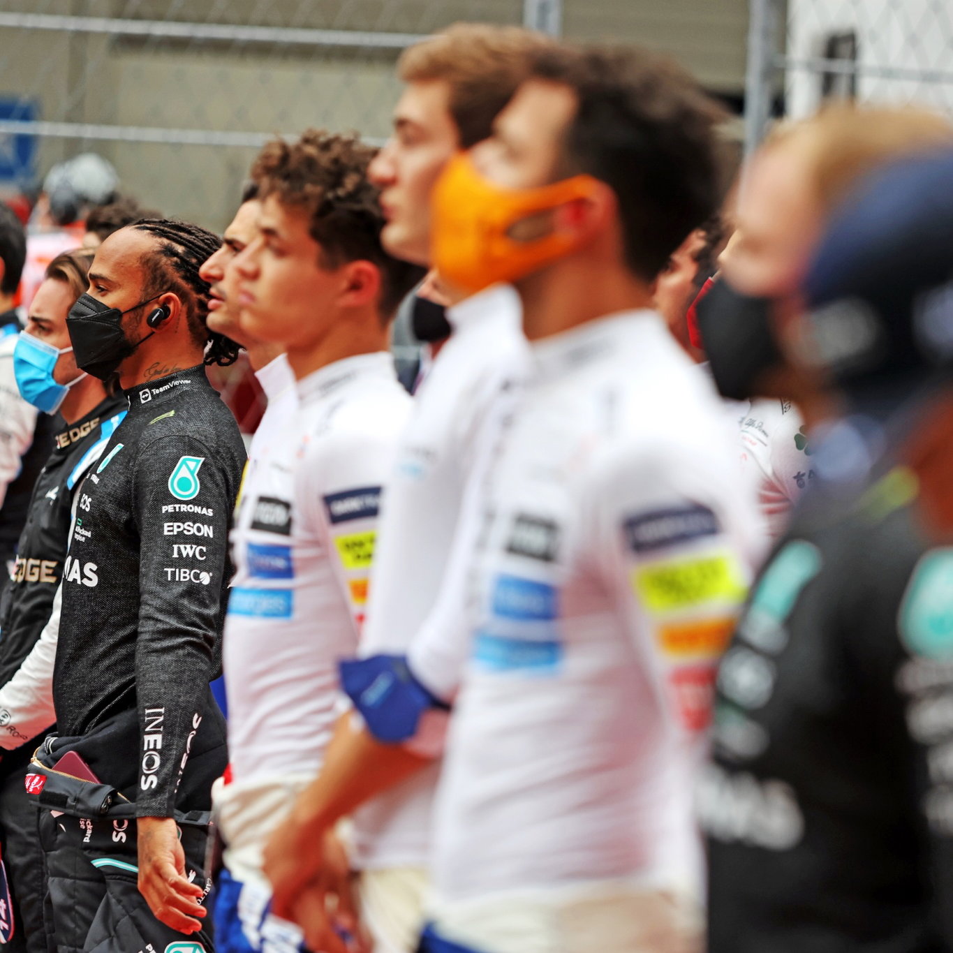 Lewis Hamilton (GBR) Mercedes AMG F1 as the grid observes the playing of Tchaikovsky.