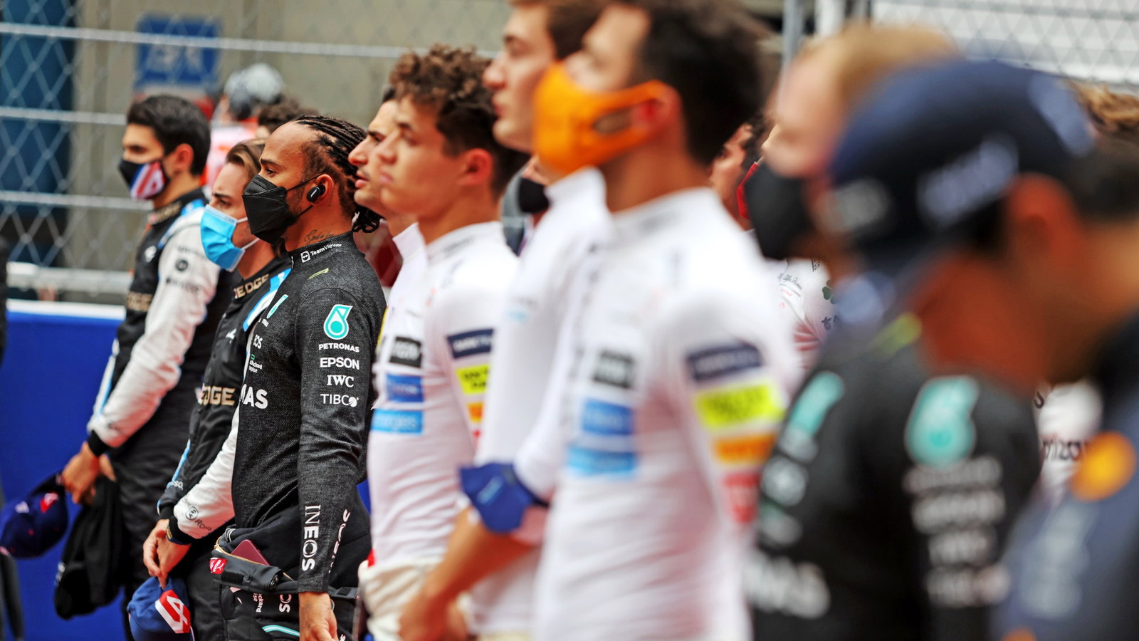 Lewis Hamilton (GBR) Mercedes AMG F1 as the grid observes the playing of Tchaikovsky.