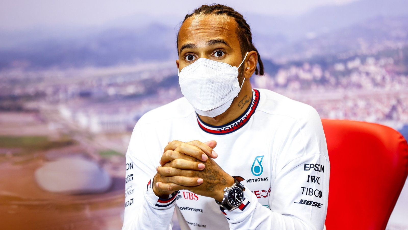 Lewis Hamilton (GBR) Mercedes AMG F1 in the post race FIA Press Conference.