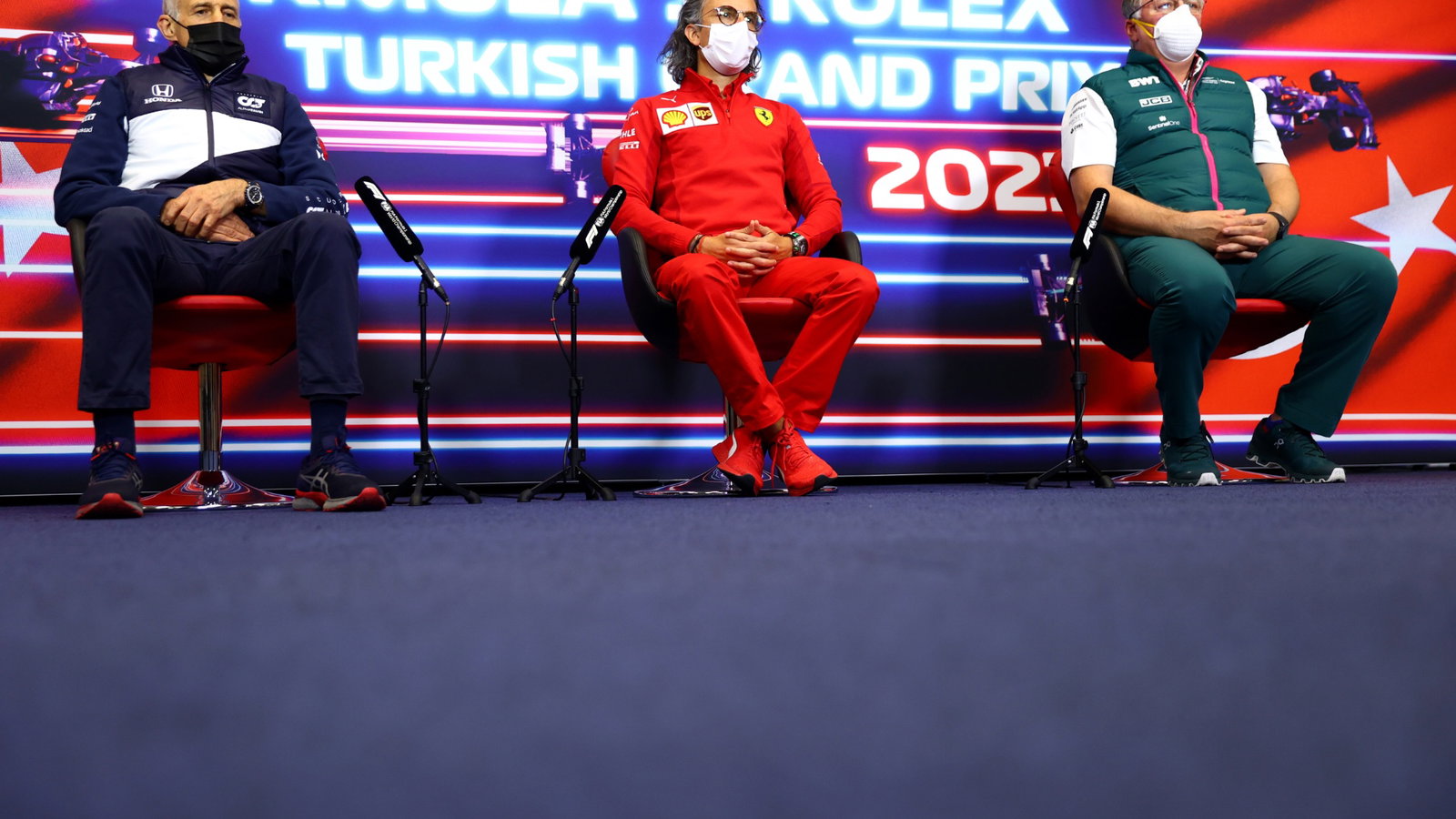 (L to R): Franz Tost (AUT) AlphaTauri Team Principal; Laurent Mekies (FRA) Ferrari Sporting Director; and Otmar Szafnauer (USA) Aston Martin F1 Team Principal and CEO, in the FIA Press Conference.