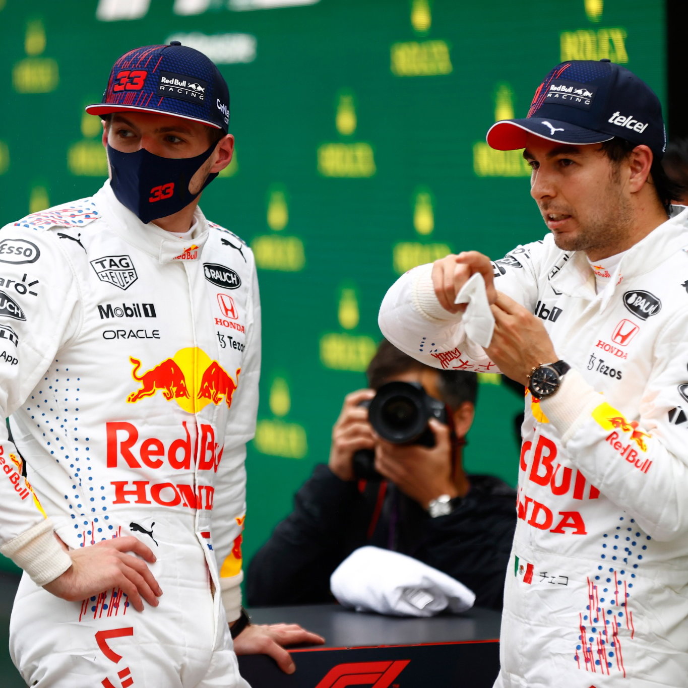 (L to R): Max Verstappen (NLD) Red Bull Racing with team mate Sergio Perez (MEX) Red Bull Racing in parc ferme.