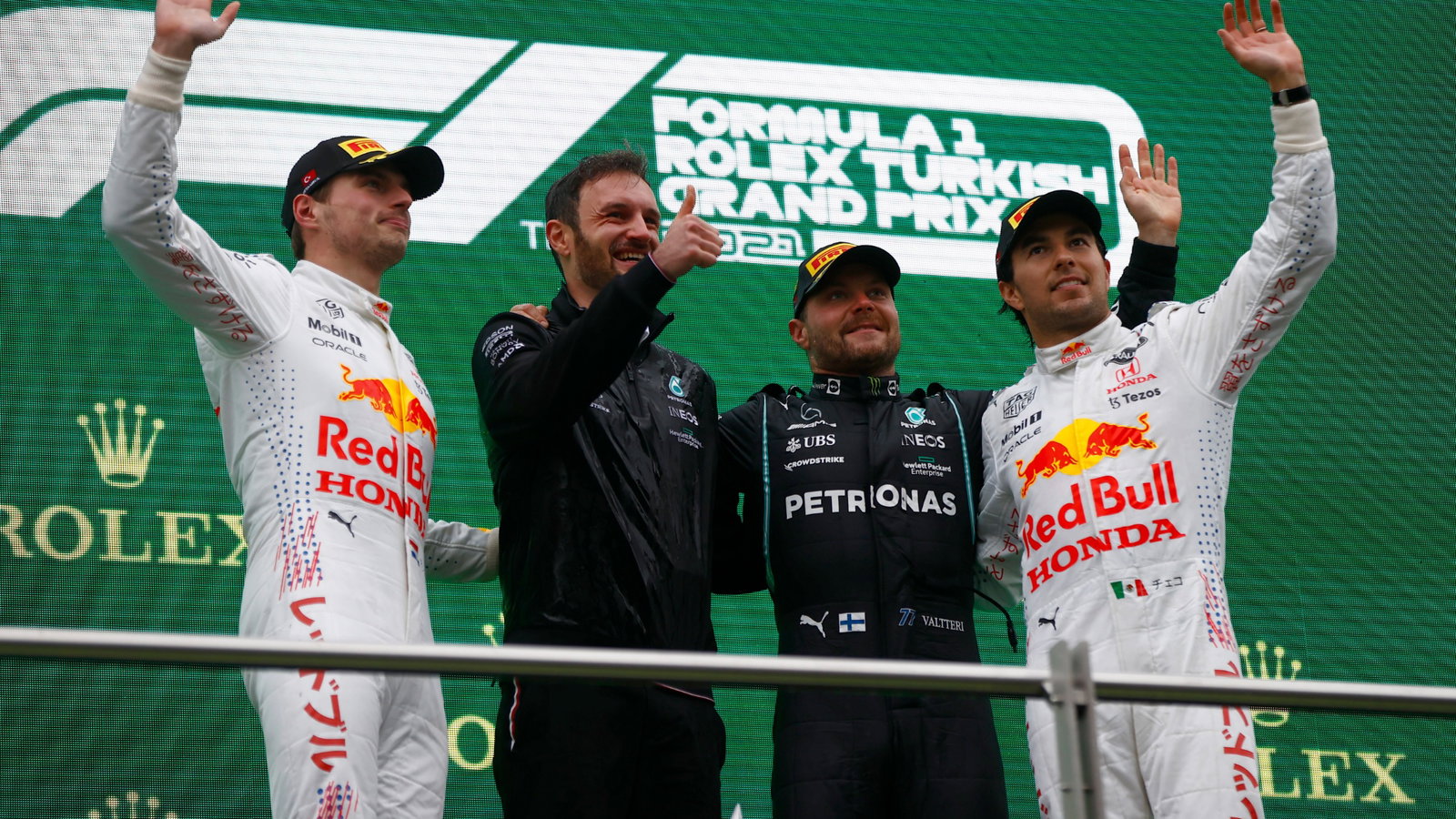 The podium (L to R): Max Verstappen (NLD) Red Bull Racing, second; Valtteri Bottas (FIN) Mercedes AMG F1, race winner; Sergio Perez (MEX) Red Bull Racing, third.