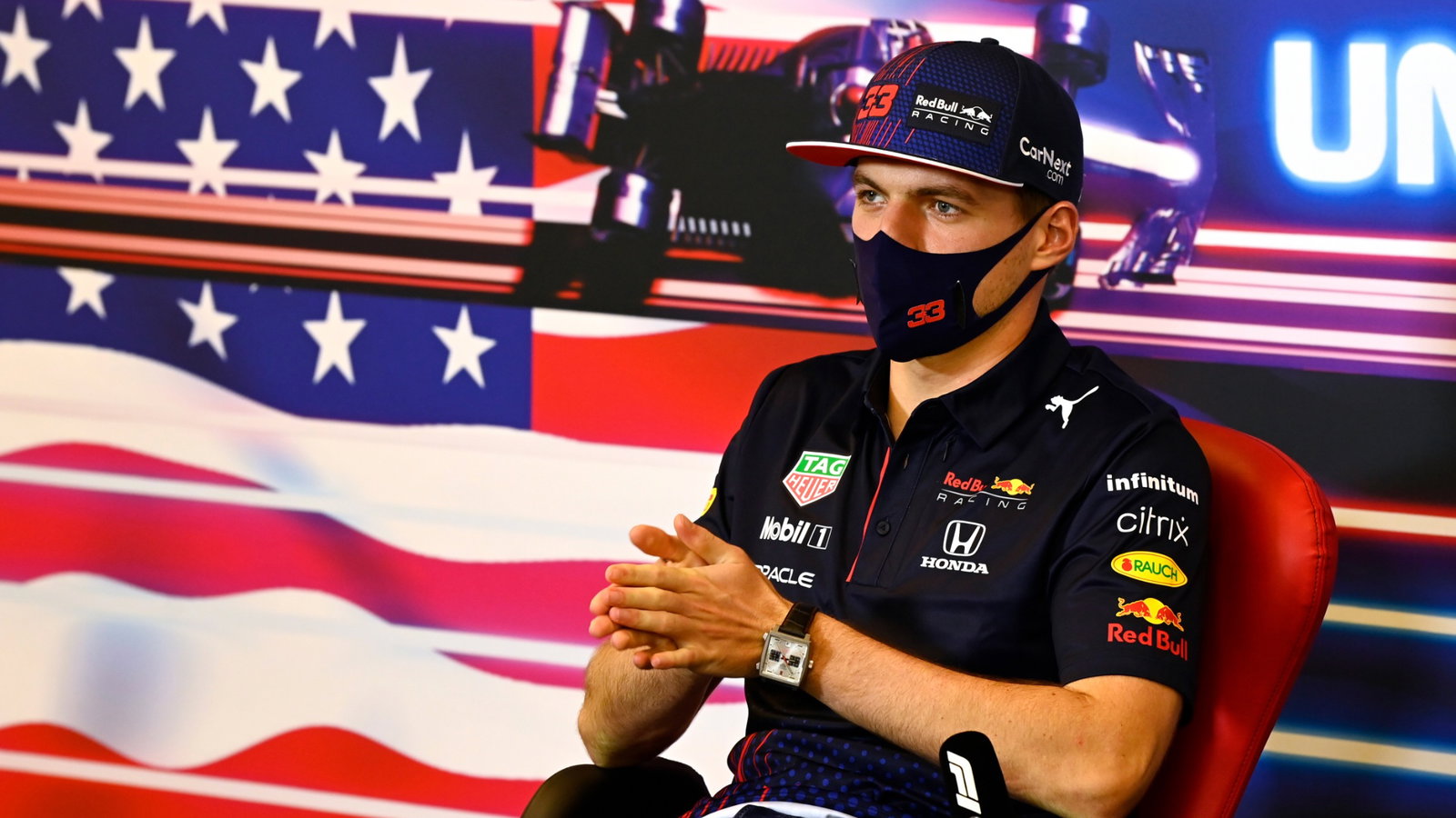 Max Verstappen (NLD) Red Bull Racing in the FIA Press Conference.