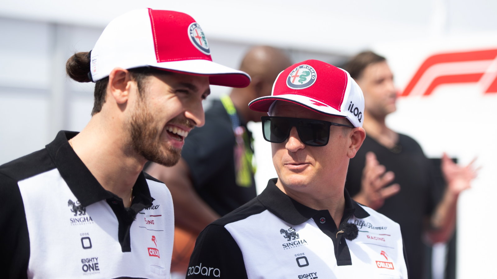 (L to R): Antonio Giovinazzi (ITA) Alfa Romeo Racing with team mate Kimi Raikkonen (FIN) Alfa Romeo Racing.