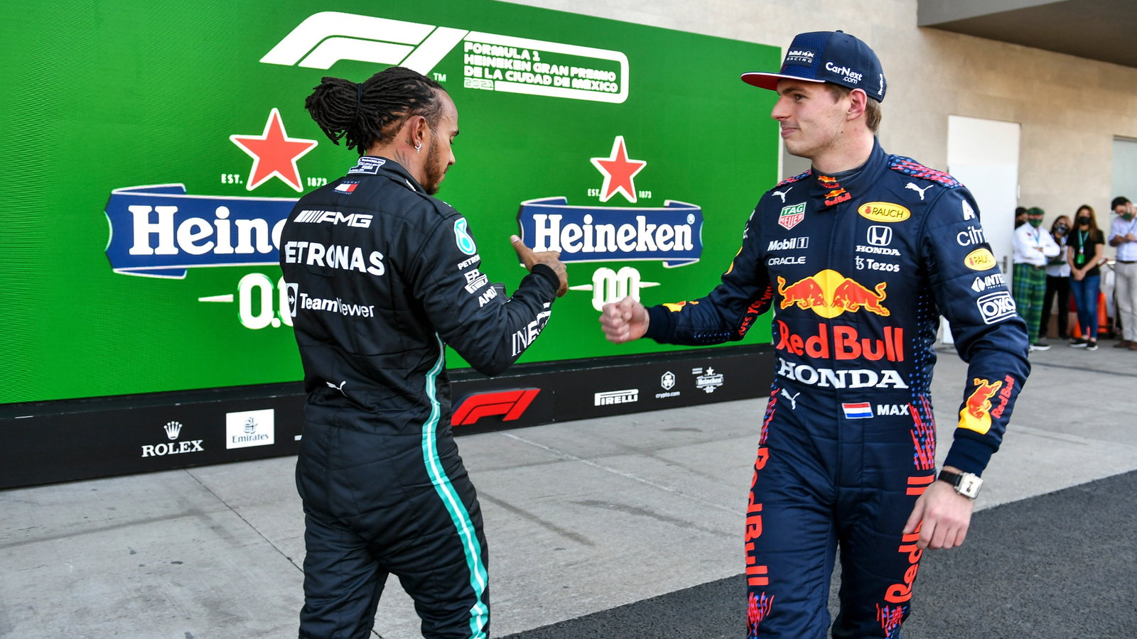 (L to R): Lewis Hamilton (GBR) Mercedes AMG F1 and Max Verstappen (NLD) Red Bull Racing in qualifying parc ferme.