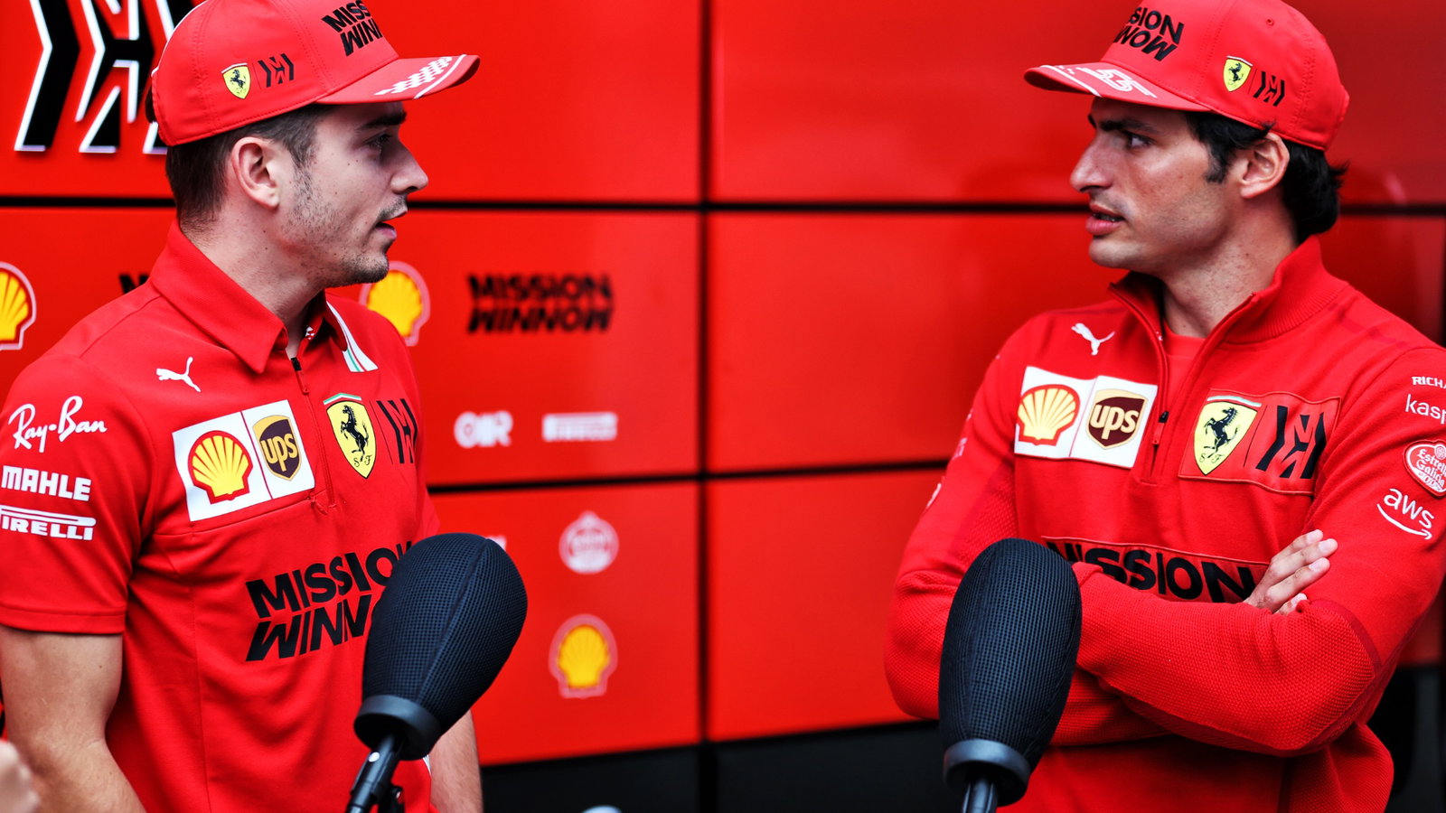 (L to R): Charles Leclerc (MON) Ferrari with team mate Carlos Sainz Jr (ESP) Ferrari.