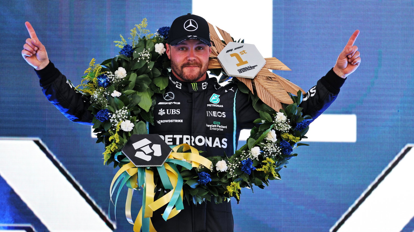 Valtteri Bottas (FIN) Mercedes AMG F1 celebrates finishing first in Sprint.