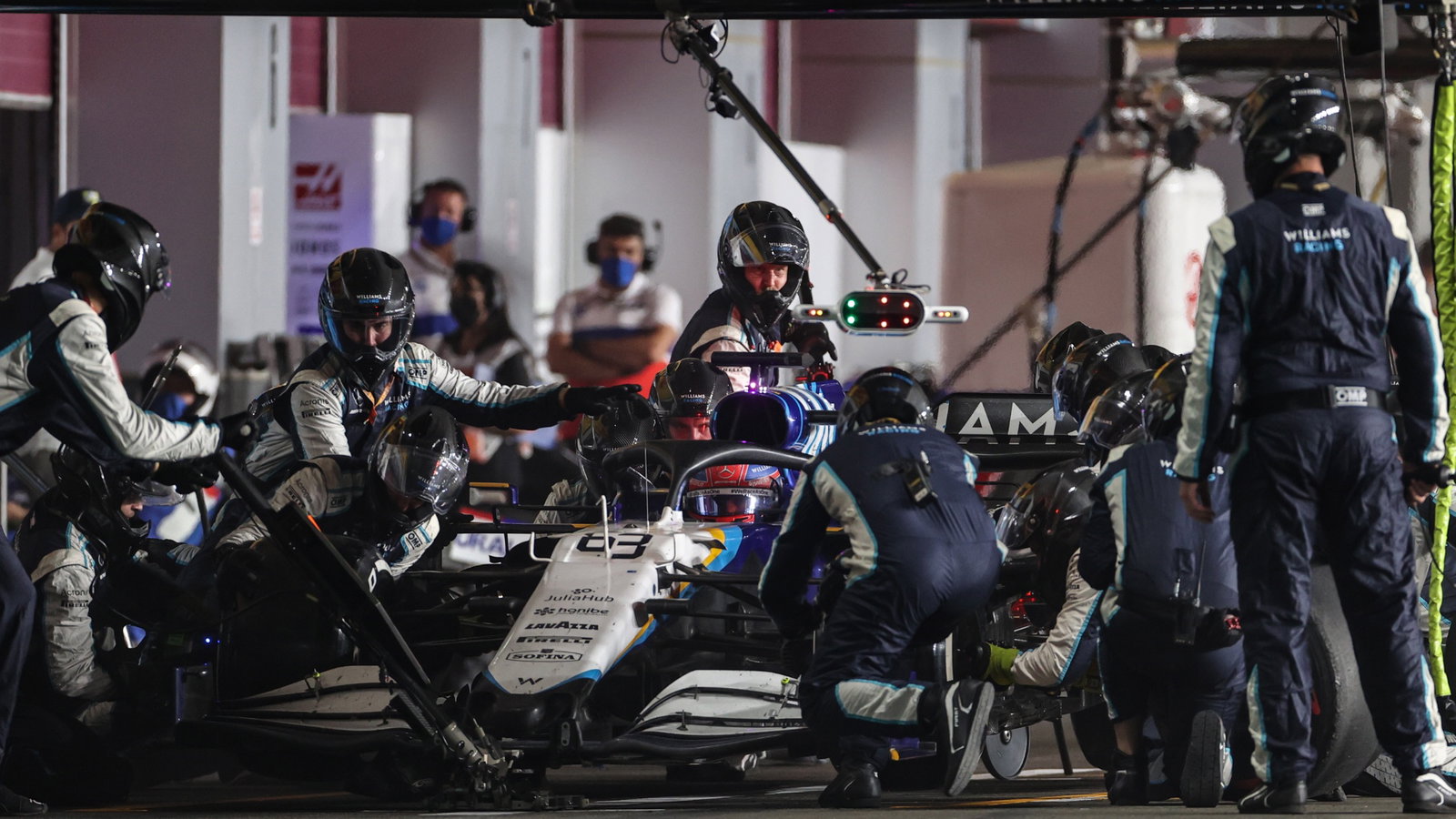 George Russell (GBR) Williams Racing FW43B makes a pit stop.
