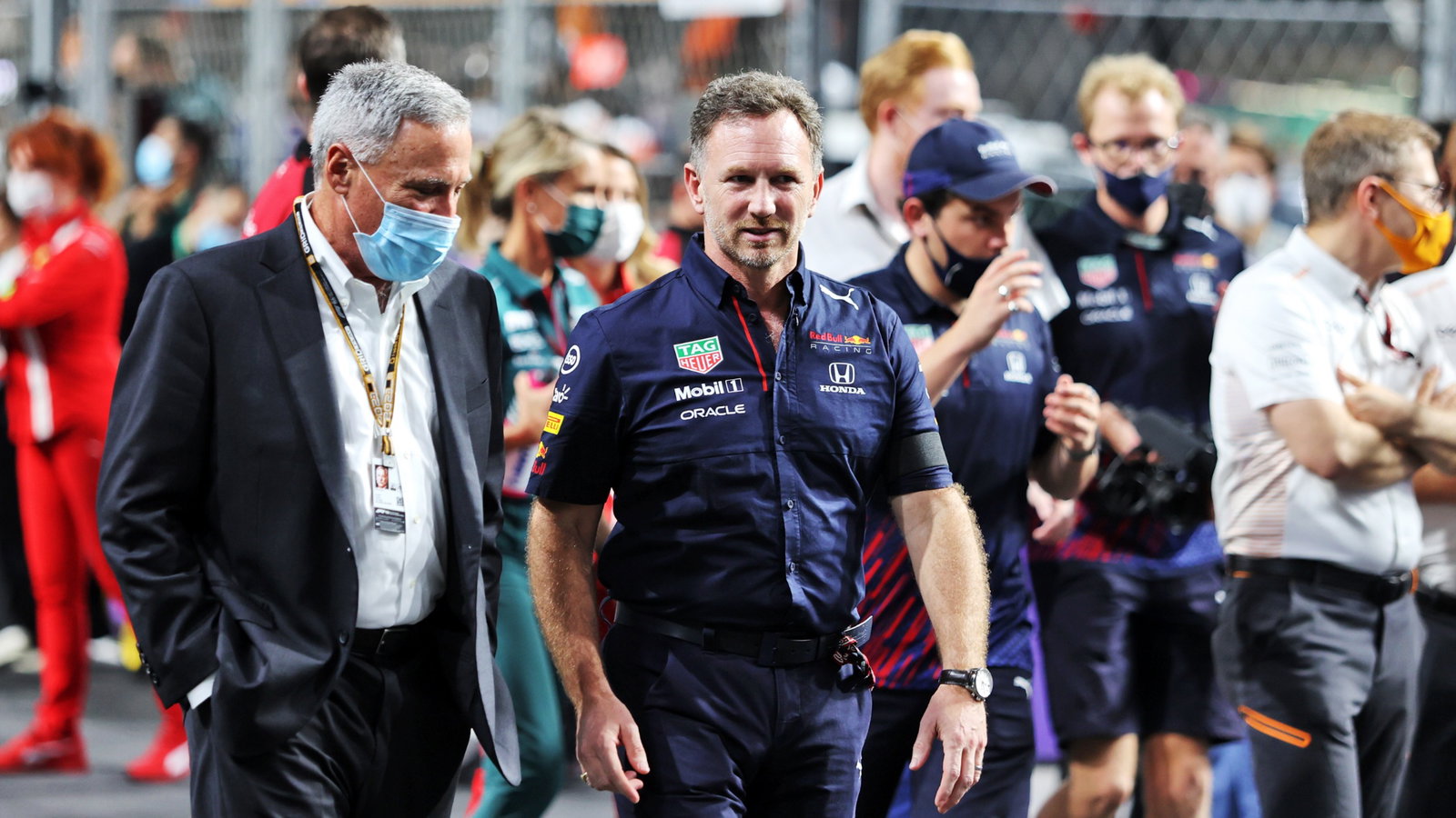 (L to R): Chase Carey (USA) with Christian Horner (GBR) Red Bull Racing Team Principal.