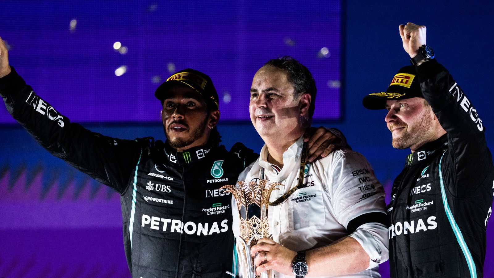 The podium (L to R): Lewis Hamilton (GBR) Mercedes AMG F1, race winner; Ron Meadows (GBR) Mercedes GP Team Manager; Valtteri Bottas (FIN) Mercedes AMG F1, third.