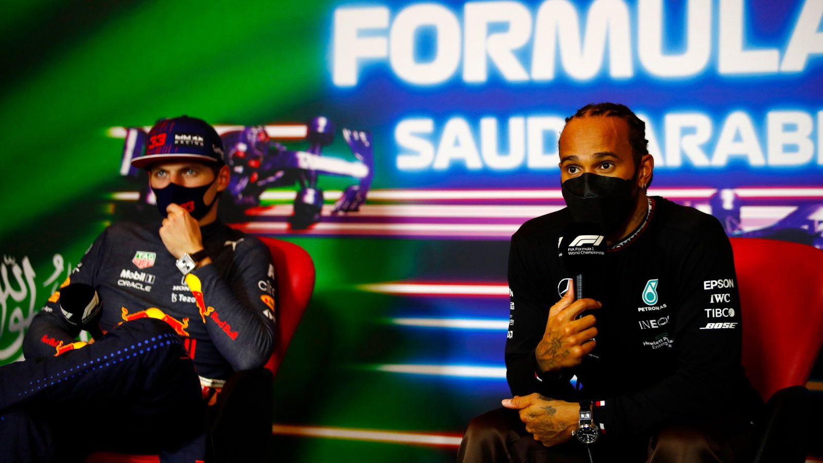 Lewis Hamilton (GBR) Mercedes AMG F1 and Max Verstappen (NLD) Red Bull Racing in the post race FIA Press Conference.