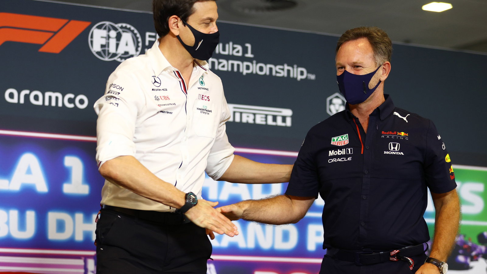 (L to R): Toto Wolff (GER) Mercedes AMG F1 Shareholder and Executive Director and Christian Horner (GBR) Red Bull Racing Team Principal in the FIA Press Conference.