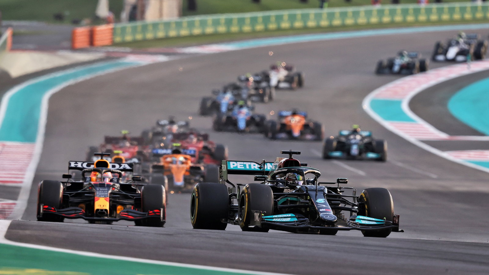 Lewis Hamilton (GBR) Mercedes AMG F1 W12 leads at the start of the race.