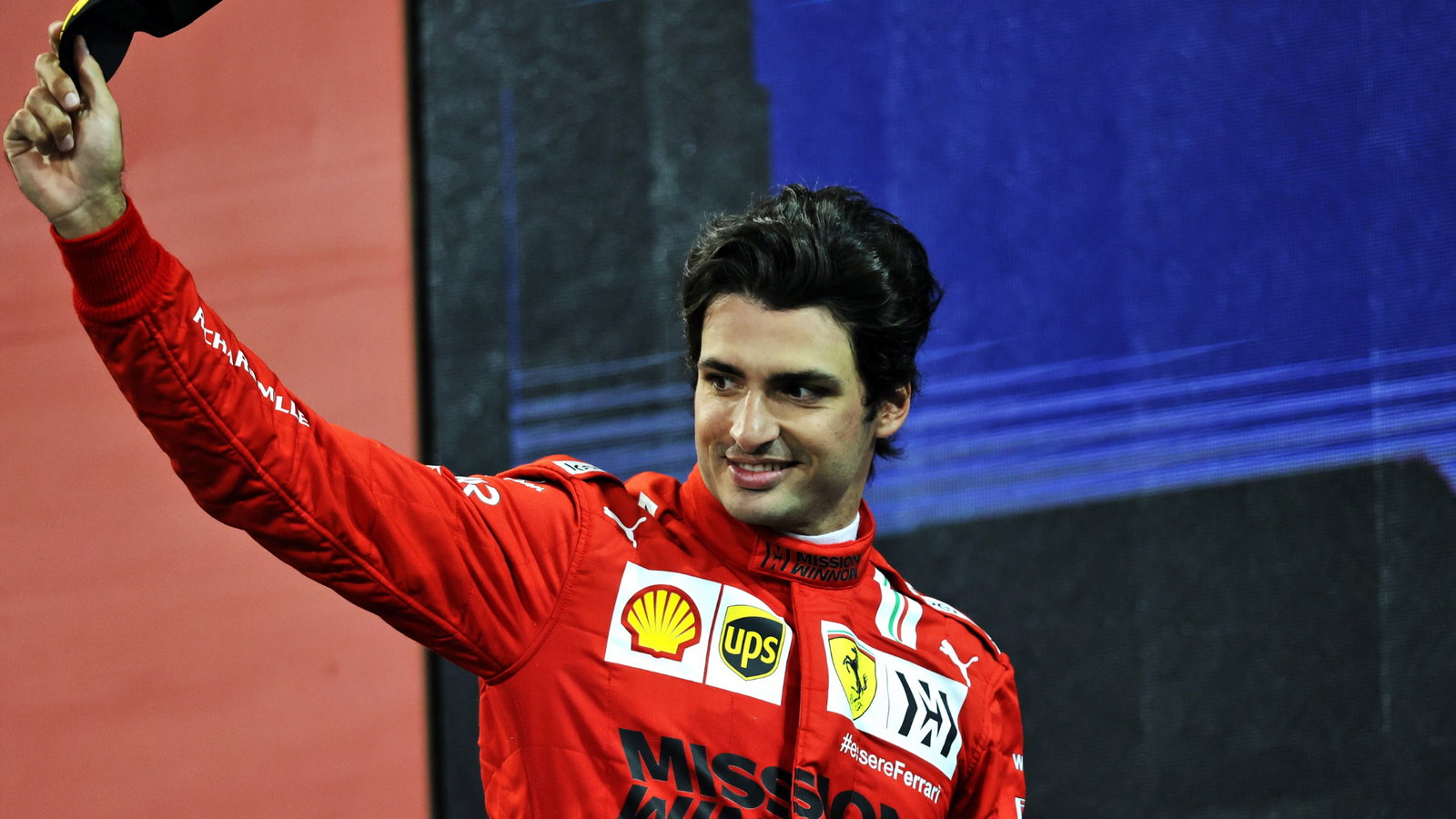 Carlos Sainz Jr (ESP) Ferrari celebrates his third position on the podium.