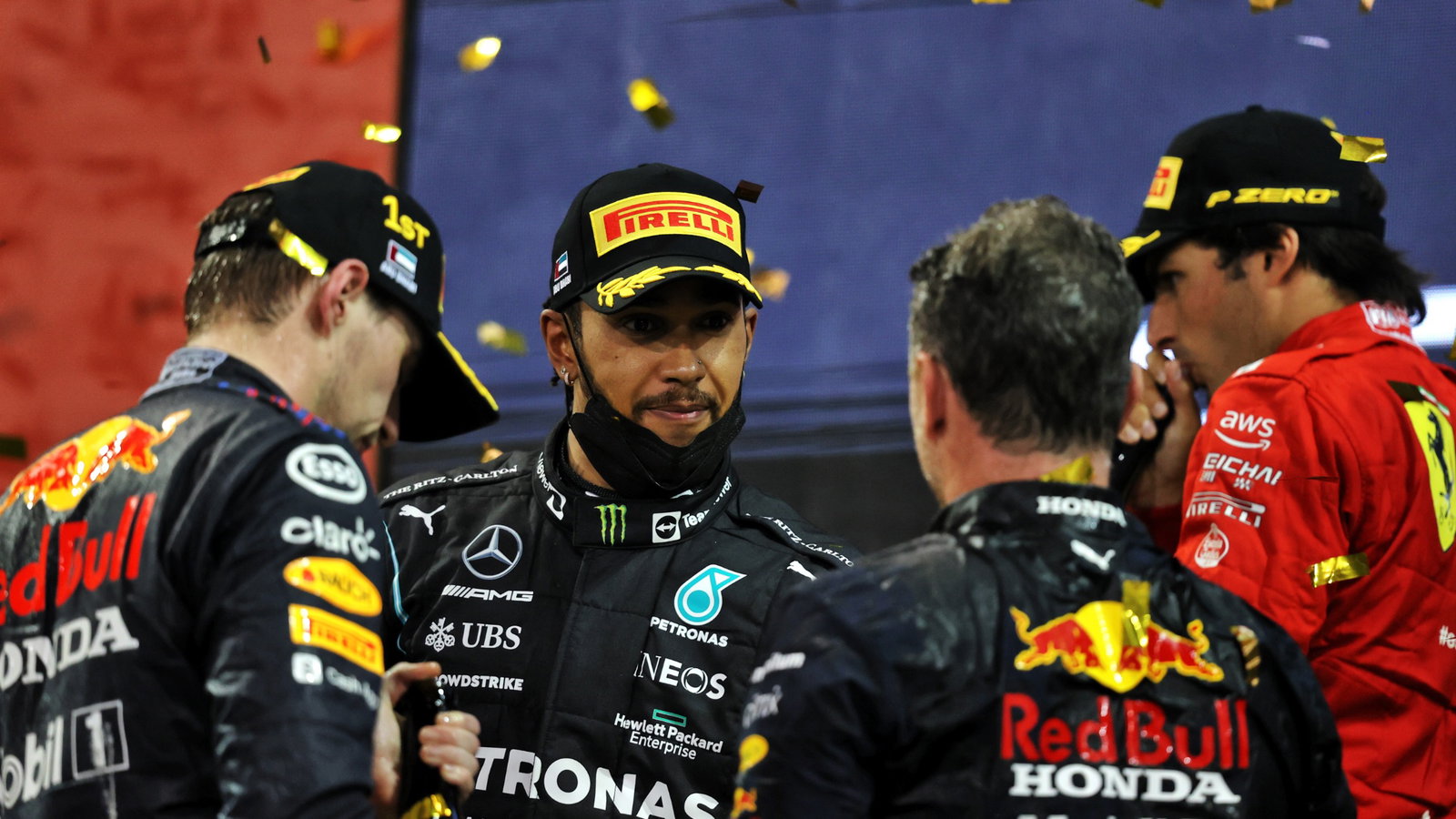 The podium (L to R): Max Verstappen (NLD) Red Bull Racing, race winner, and World Champion; Lewis Hamilton (GBR) Mercedes AMG F1, second; Christian Horner (GBR) Red Bull Racing Team Principal; Carlos Sainz Jr (ESP) Ferrari, third.