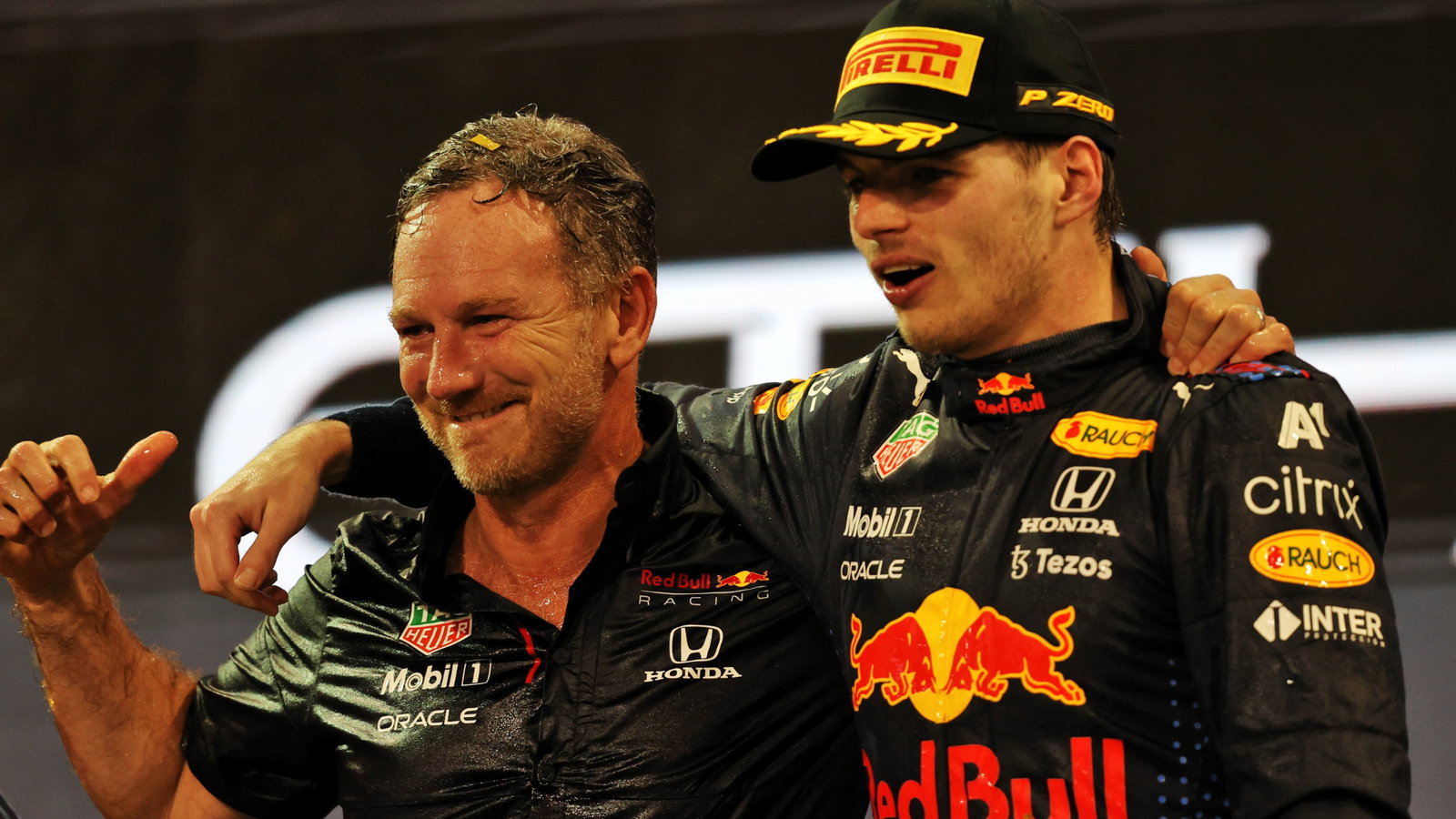 (L to R): Christian Horner (GBR) Red Bull Racing Team Principal celebrates on the podium with race winner and World Champion Max Verstappen (NLD) Red Bull Racing.