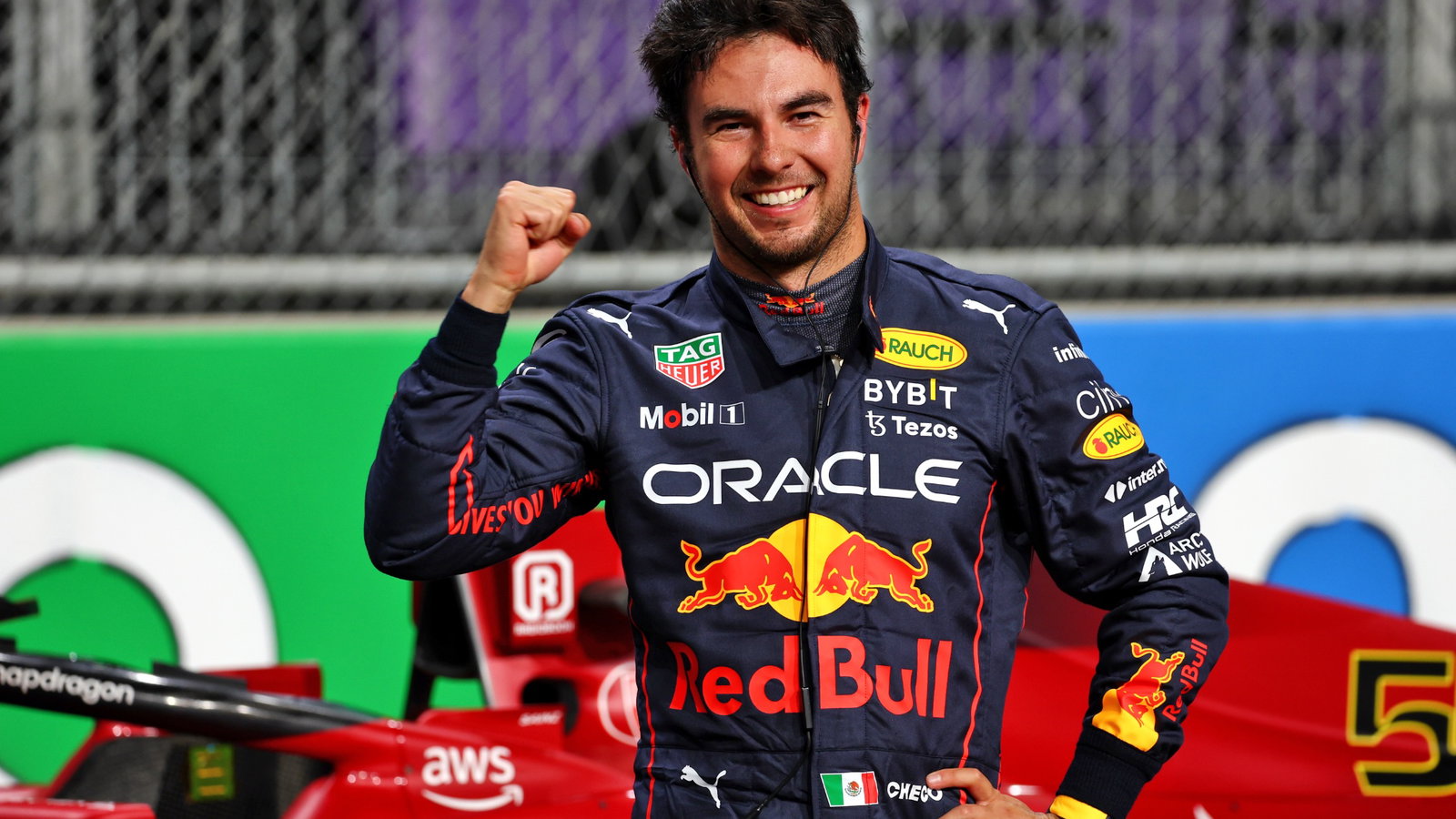 Sergio Perez (MEX) Red Bull Racing celebrates his pole position in qualifying parc ferme.