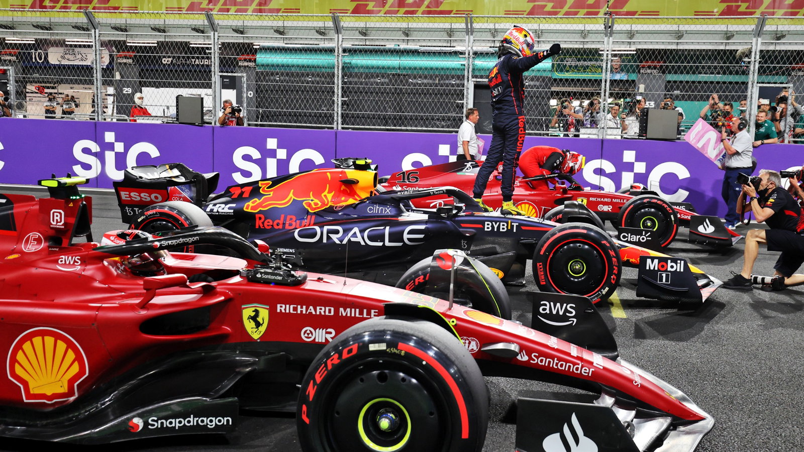Sergio Perez (MEX) Red Bull Racing RB18 celebrates his pole position in qualifying parc ferme.