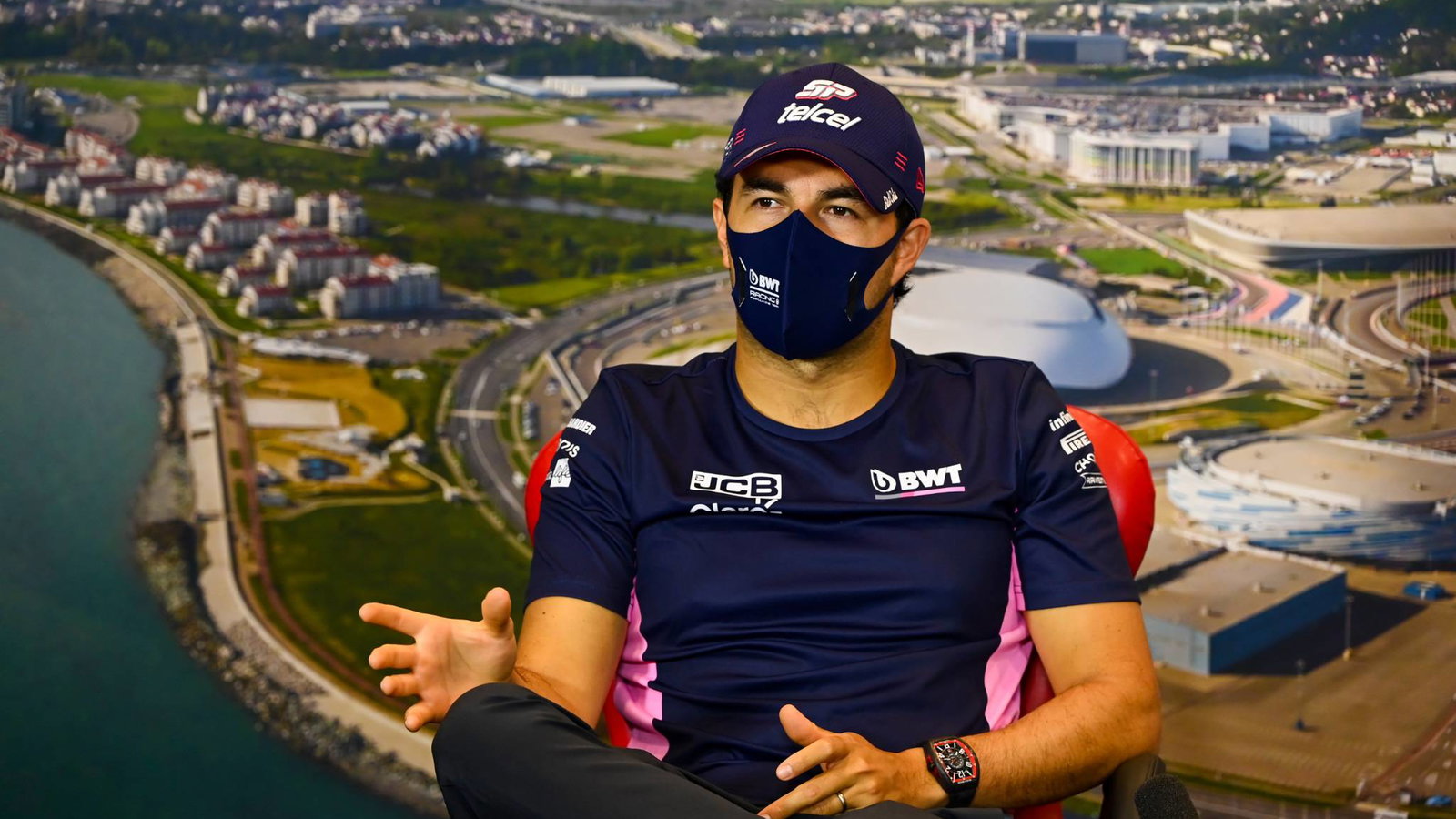Sergio Perez (MEX) Racing Point F1 Team in the FIA Press Conference.