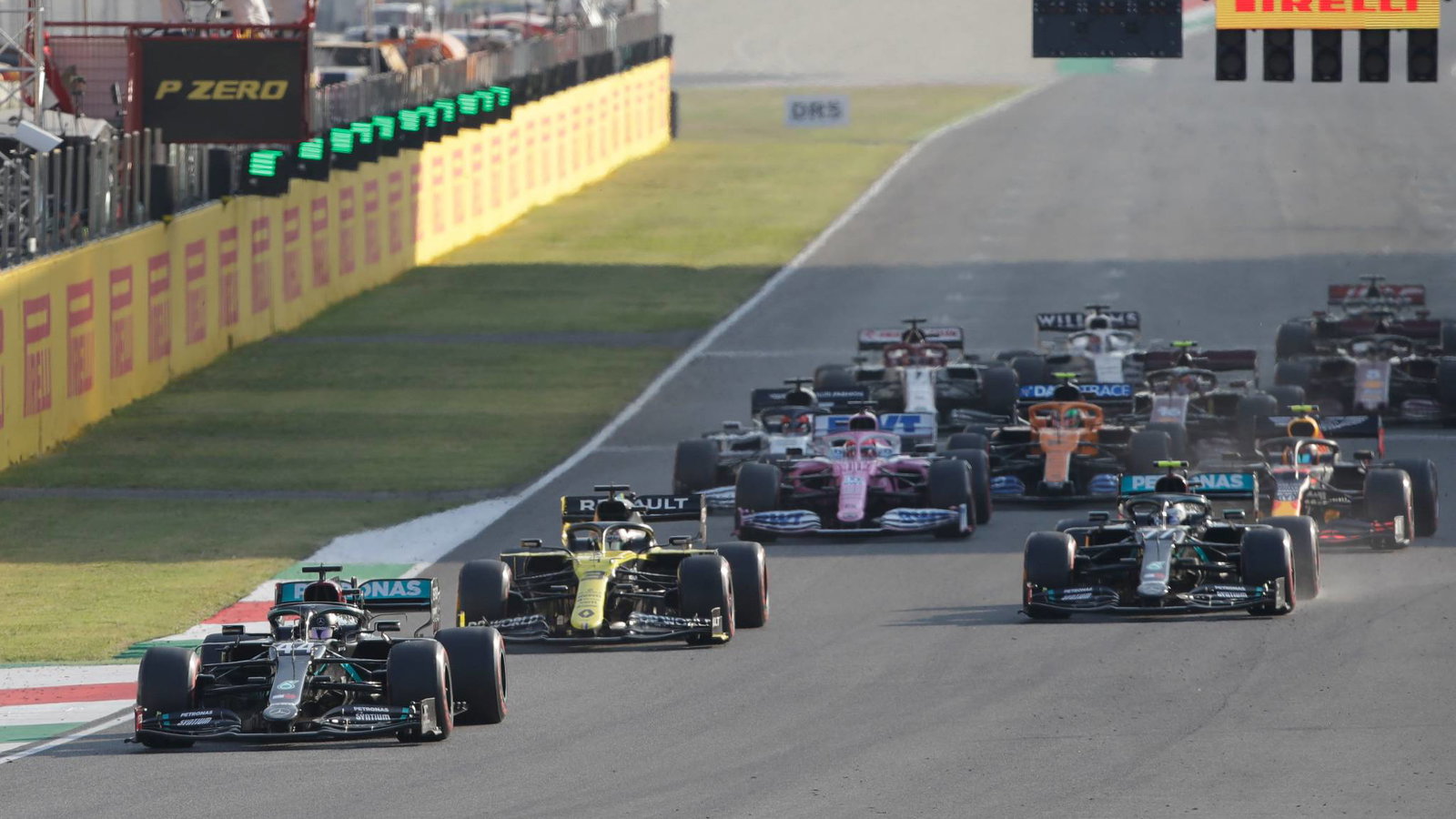 Lewis Hamilton (GBR) Mercedes AMG F1 W11 leads at the restart of the race.