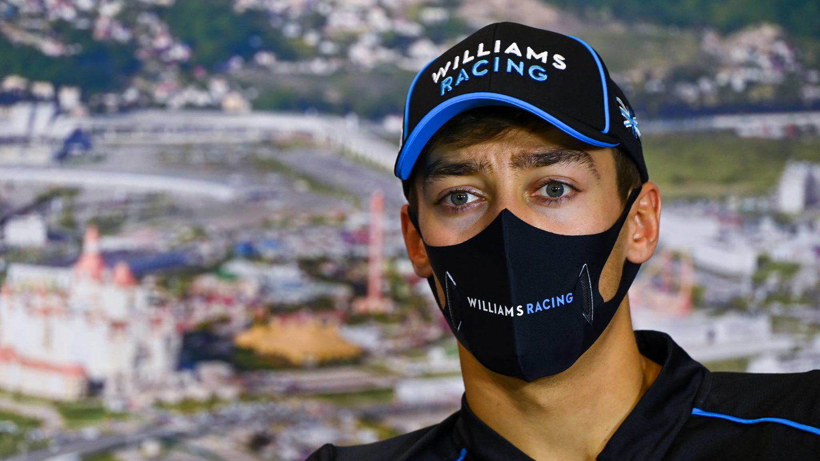 George Russell (GBR) Williams Racing in the FIA Press Conference.