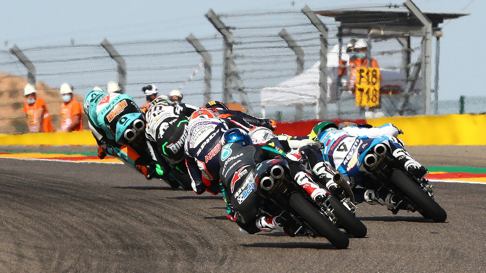 Jaume Masia leads pack, last corner, Moto3 race, Aragon MotoGP. 18 October 2020