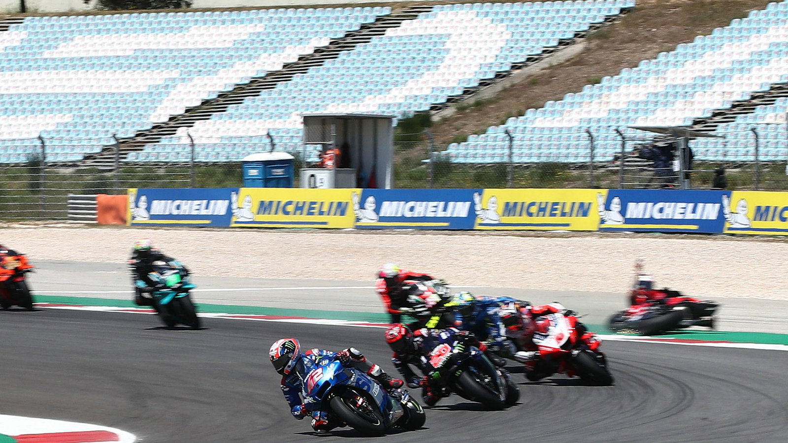 Alex Rins leads, Jack Miller crashes MotoGP, race, Portuguese MotoGP. 18 April 2021