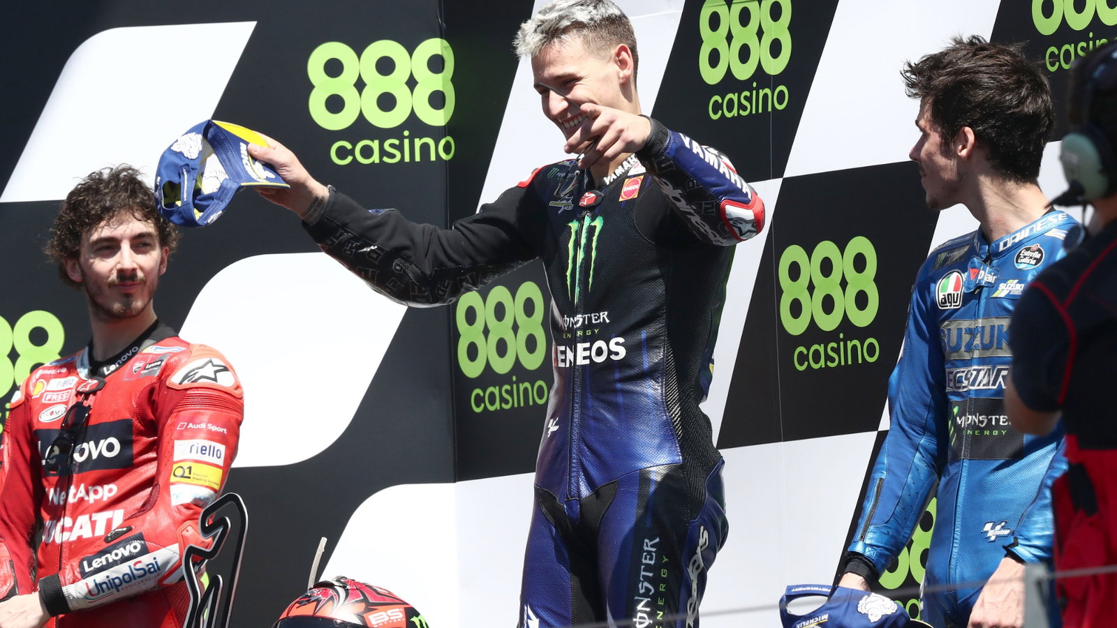 Francesco Bagnaia Fabio Quartararo Joan Mir podium MotoGP, race, Portuguese MotoGP. 18 April 2021