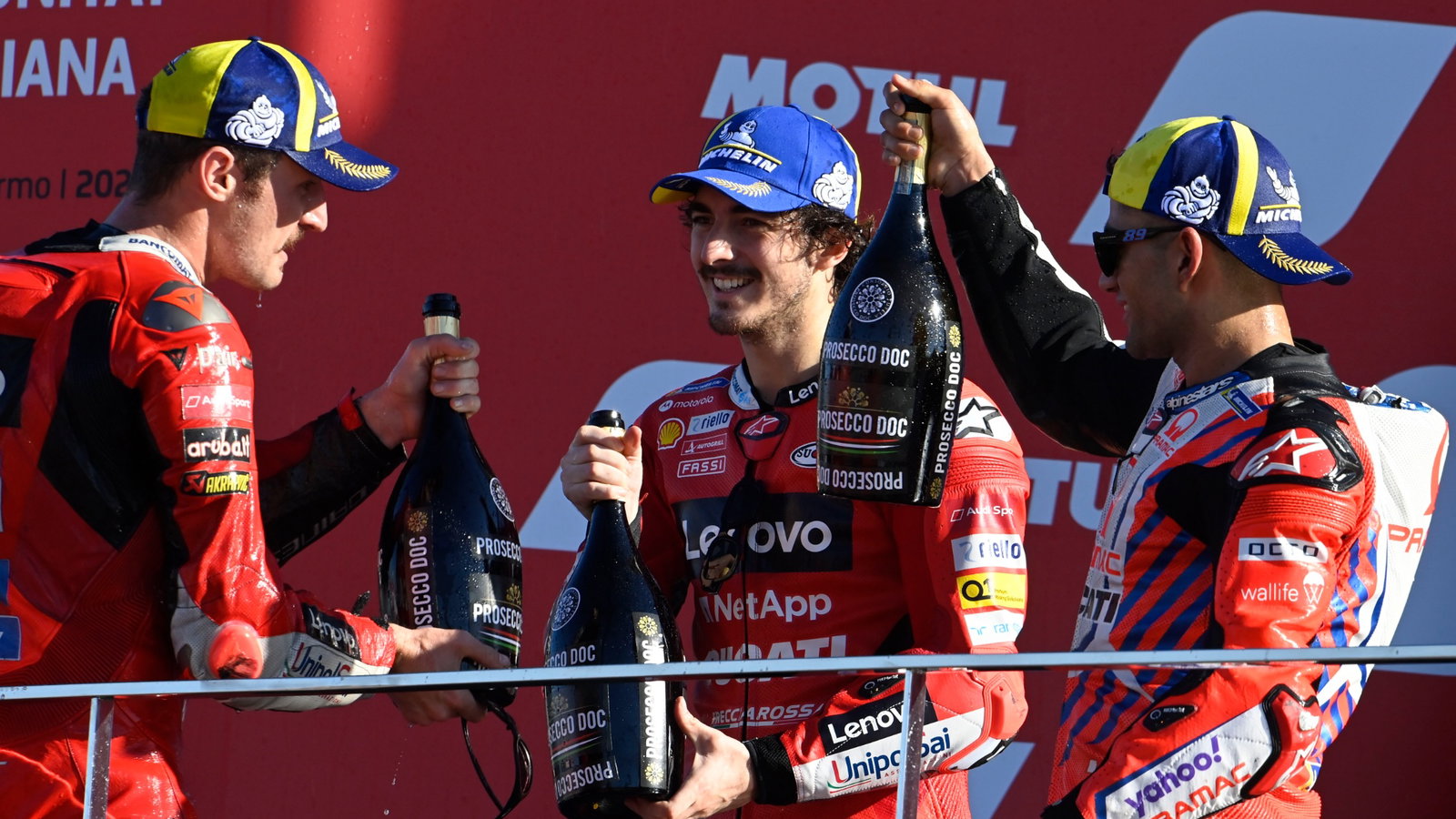 Francesco Bagnaia, Jorge Martin, Jack Miller podium, Valencia MotoGP race, 14 November 2021