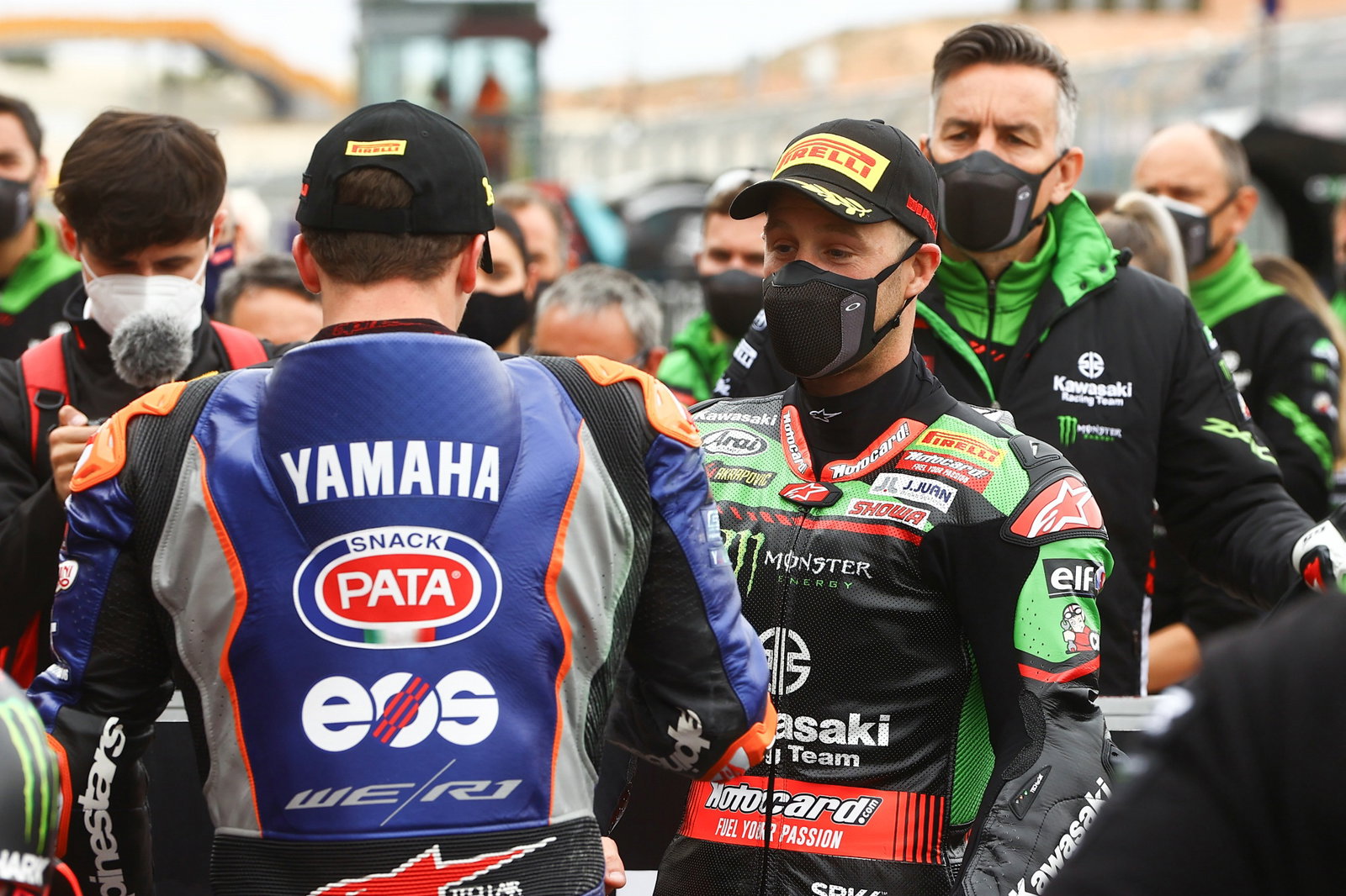 Garrett Gerloff and Jonathan Rea after race incident, Aragon WorldSBK Race2, 2021