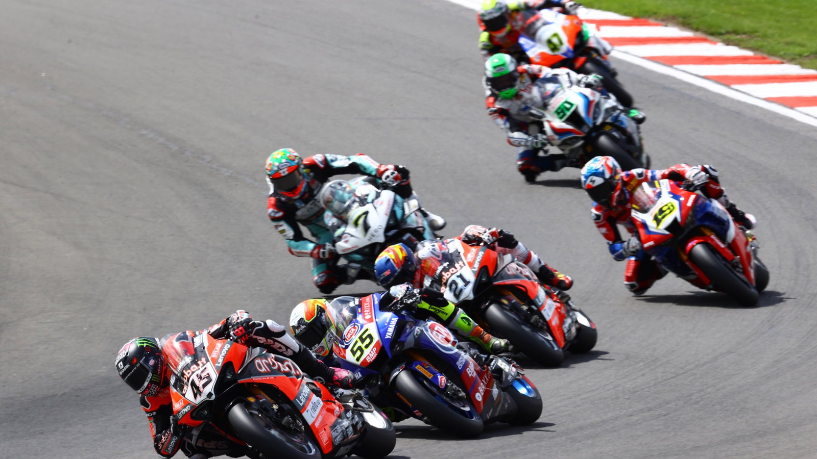 Scott Redding, Andrea Locatelli, Michael Ruben Rinaldi, Chaz Davies and Alvaro Bautista, Donington Park WorldSBK race 2, 4 July 2021