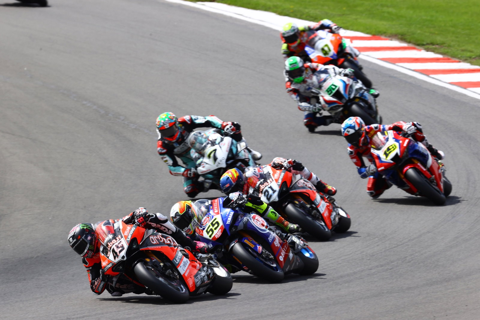 Scott Redding, Andrea Locatelli, Michael Ruben Rinaldi, Chaz Davies and Alvaro Bautista, Donington Park WorldSBK race 2, 4 July 2021